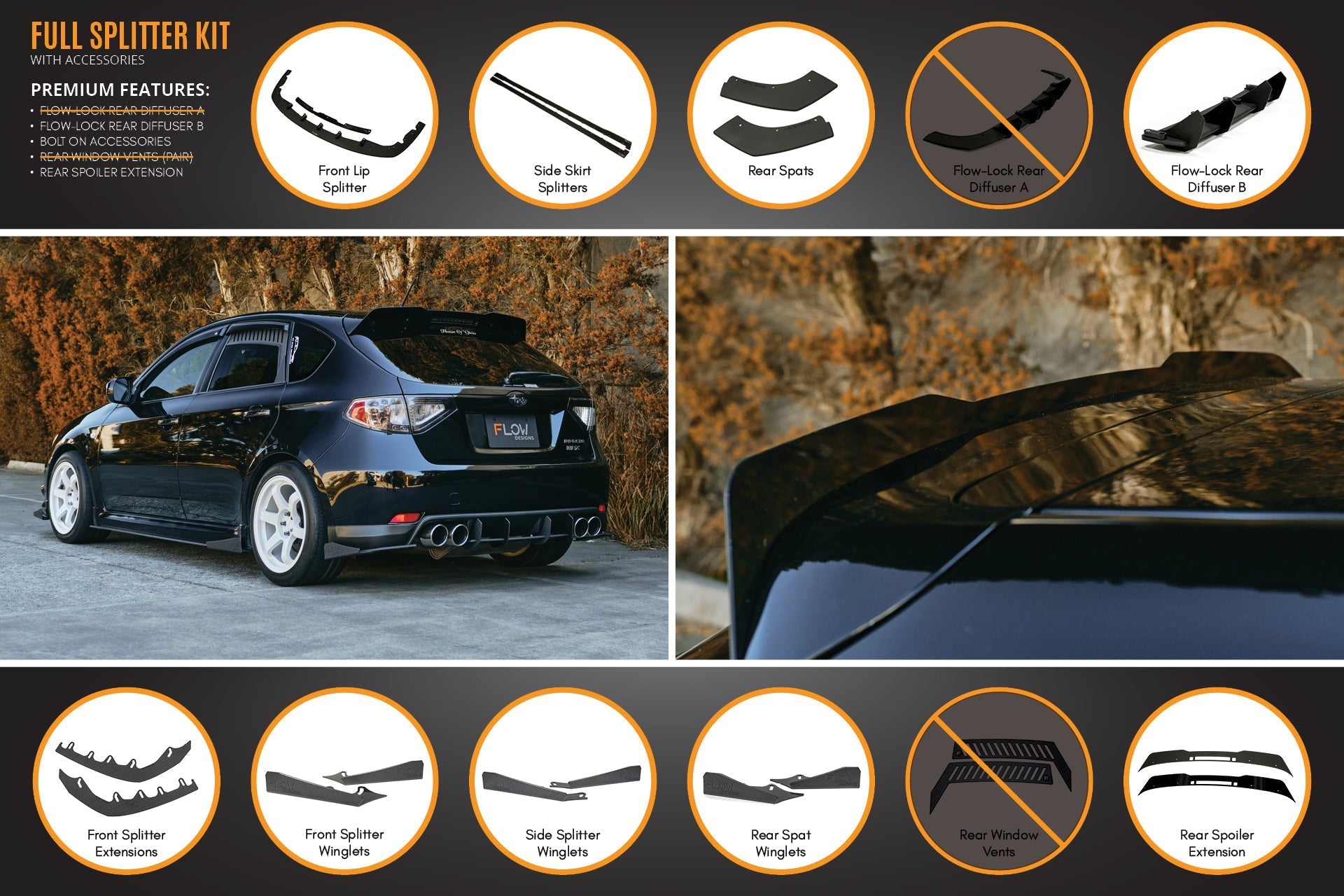 Flow Designs Impreza WRX/RS G3 Hatch PFL Full Lip Splitter Set - iilumolab