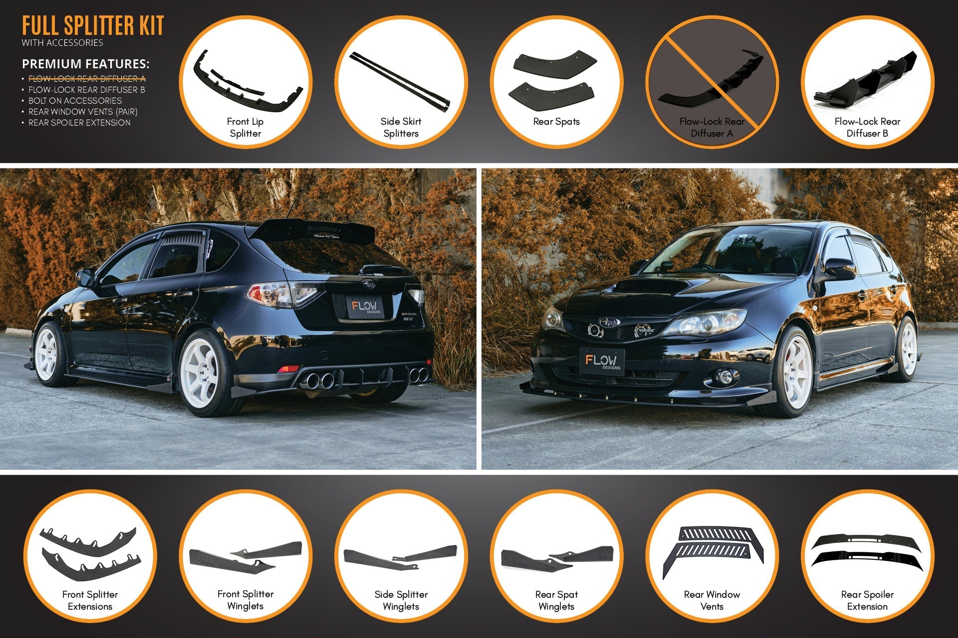 Flow Designs Impreza WRX/RS G3 Hatch PFL Full Lip Splitter Set - iilumolab