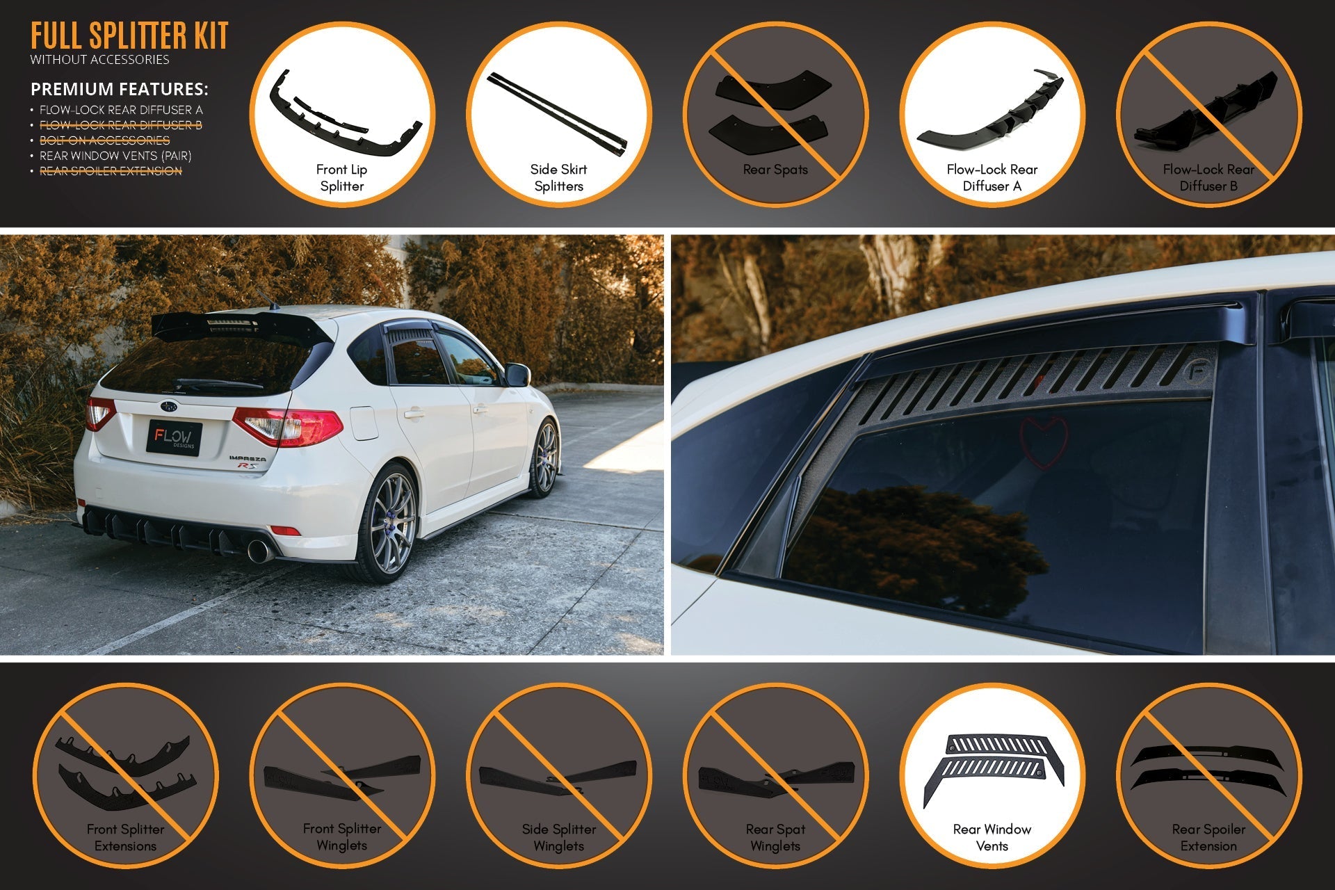 Flow Designs Impreza WRX/RS G3 Hatch PFL Full Lip Splitter Set - iilumolab