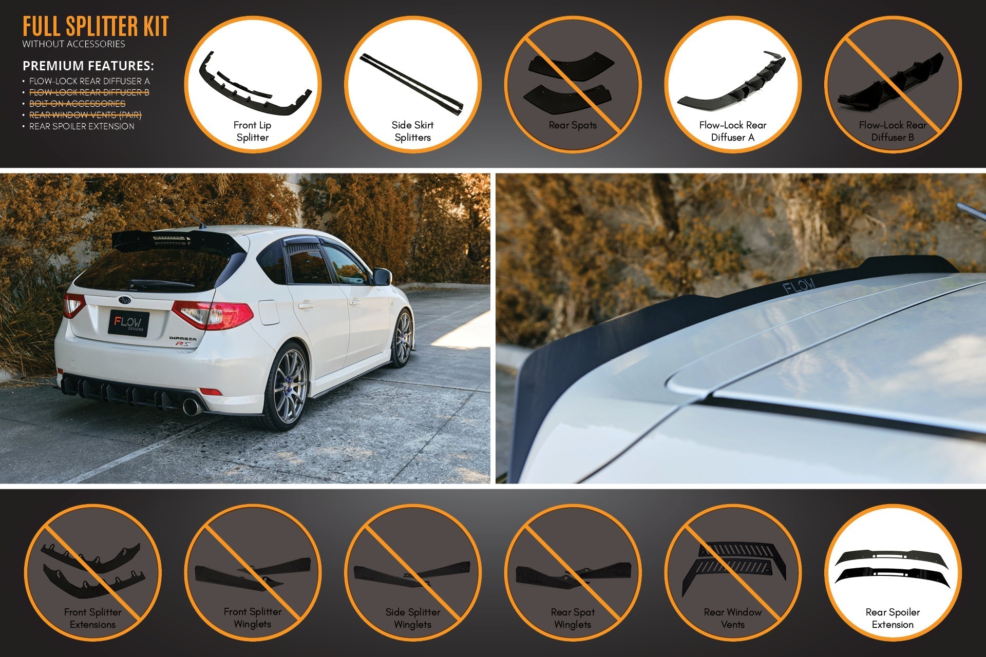 Flow Designs Impreza WRX/RS G3 Hatch PFL Full Lip Splitter Set - iilumolab