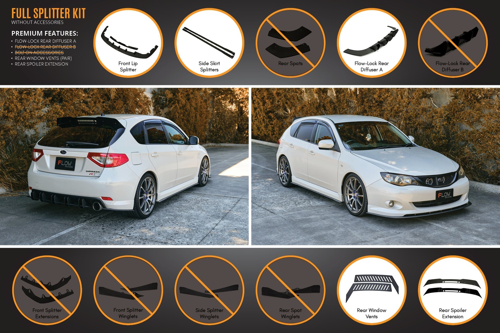 Flow Designs Impreza WRX/RS G3 Hatch PFL Full Lip Splitter Set - iilumolab
