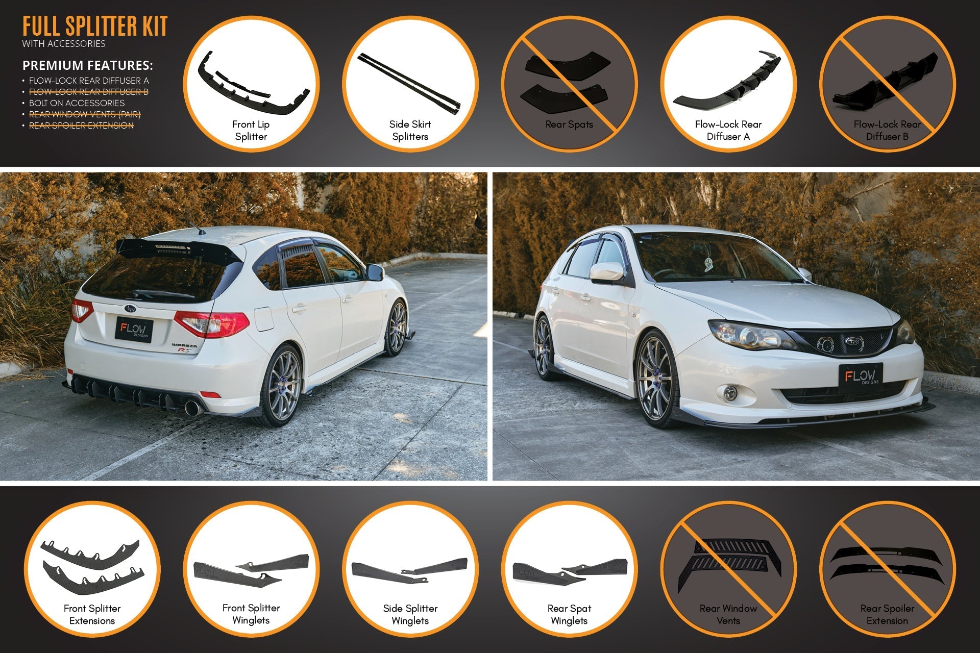 Flow Designs Impreza WRX/RS G3 Hatch PFL Full Lip Splitter Set - iilumolab