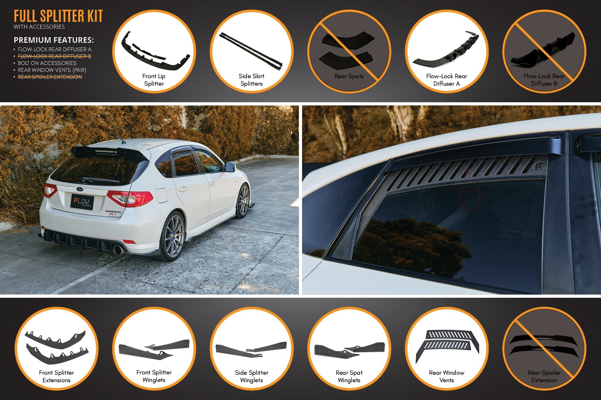 Flow Designs Impreza WRX/RS G3 Hatch PFL Full Lip Splitter Set - iilumolab