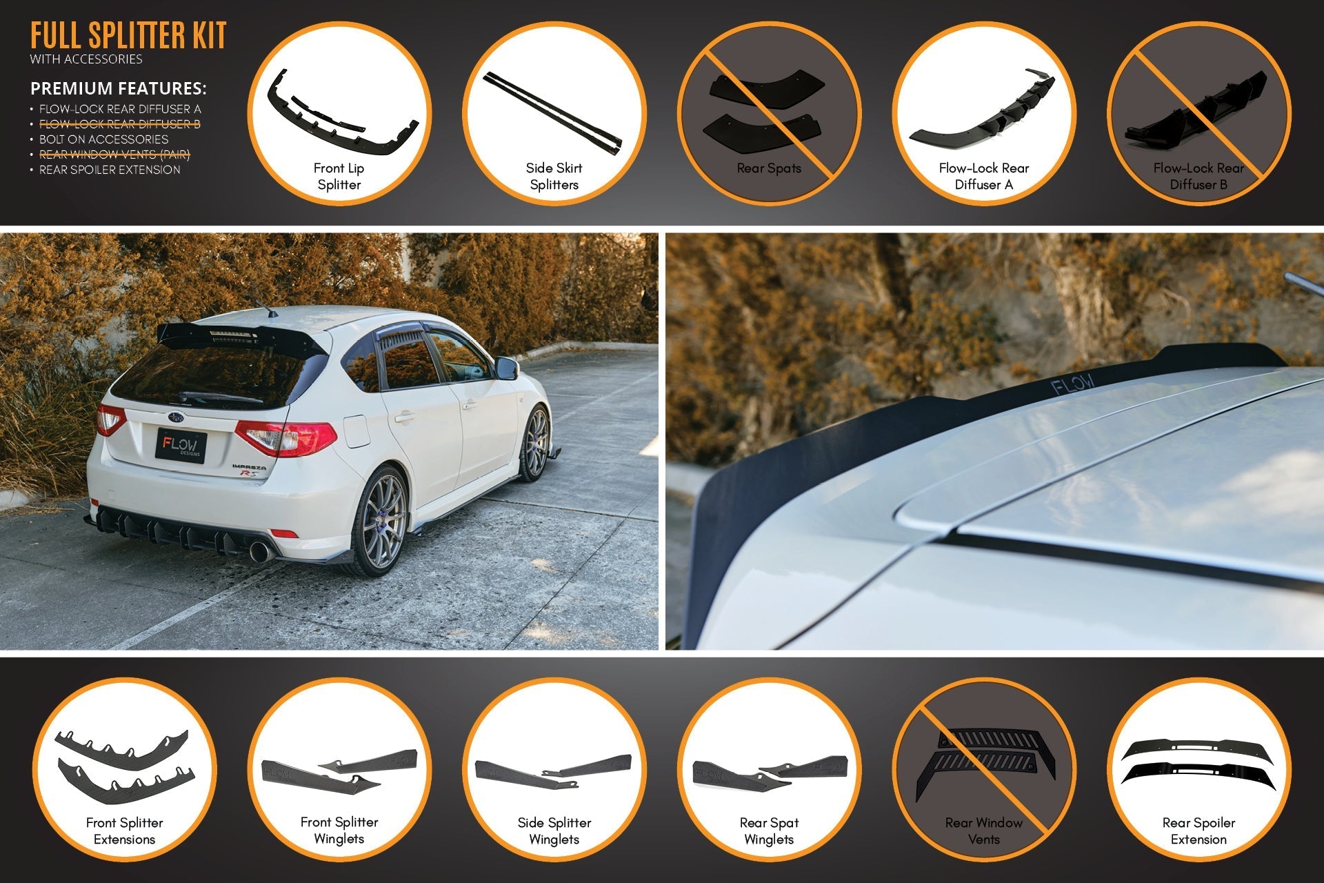 Flow Designs Impreza WRX/RS G3 Hatch PFL Full Lip Splitter Set - iilumolab