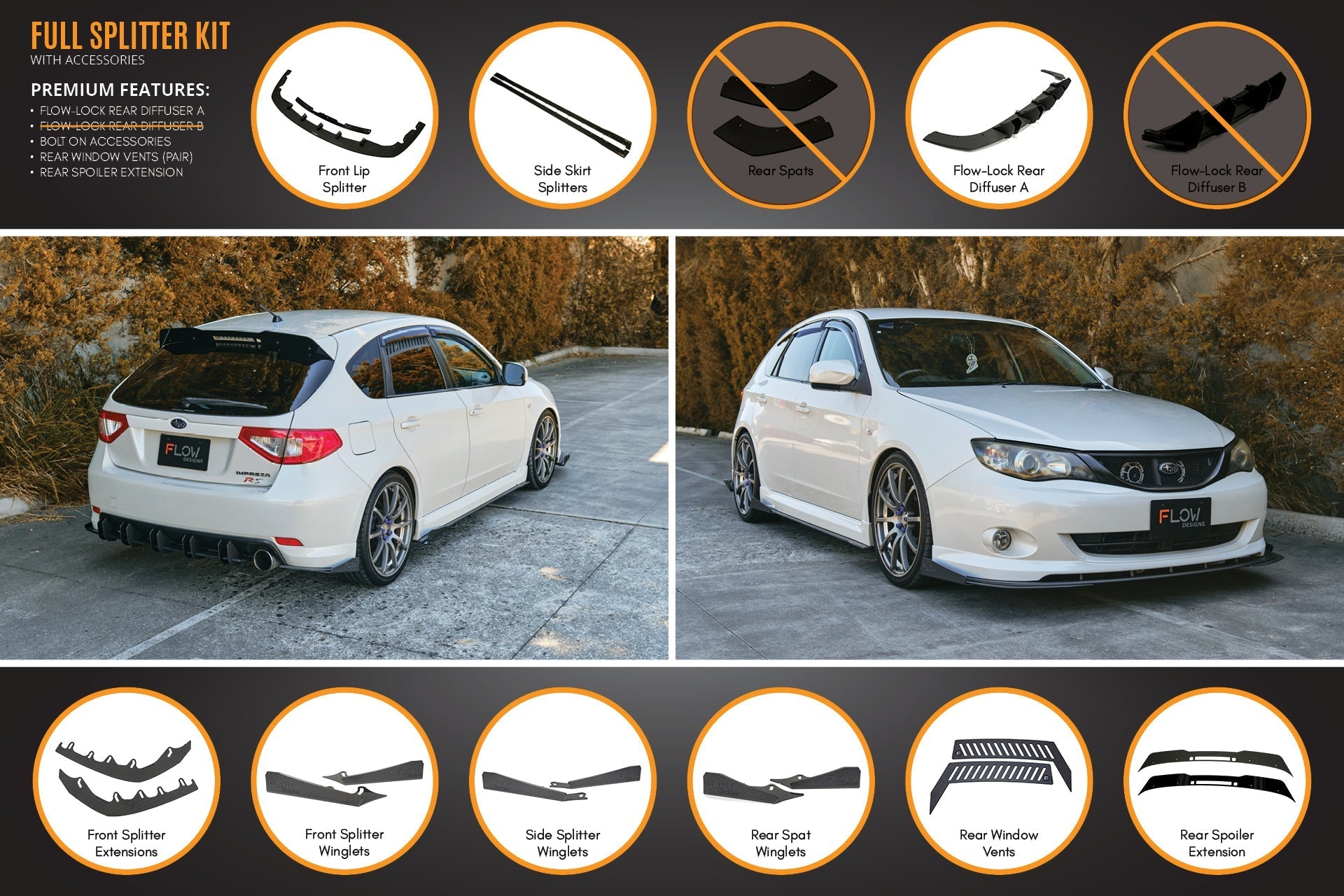 Flow Designs Impreza WRX/RS G3 Hatch PFL Full Lip Splitter Set - iilumolab