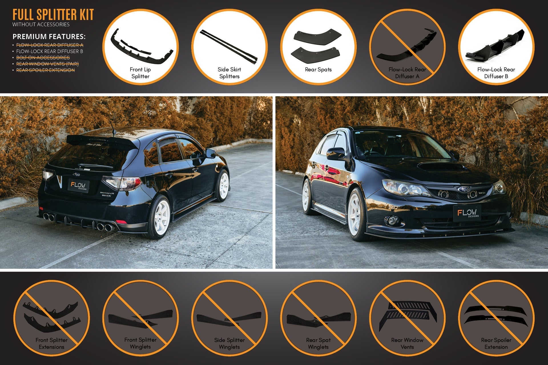 Flow Designs Impreza WRX/RS G3 Hatch PFL Full Lip Splitter Set - iilumolab