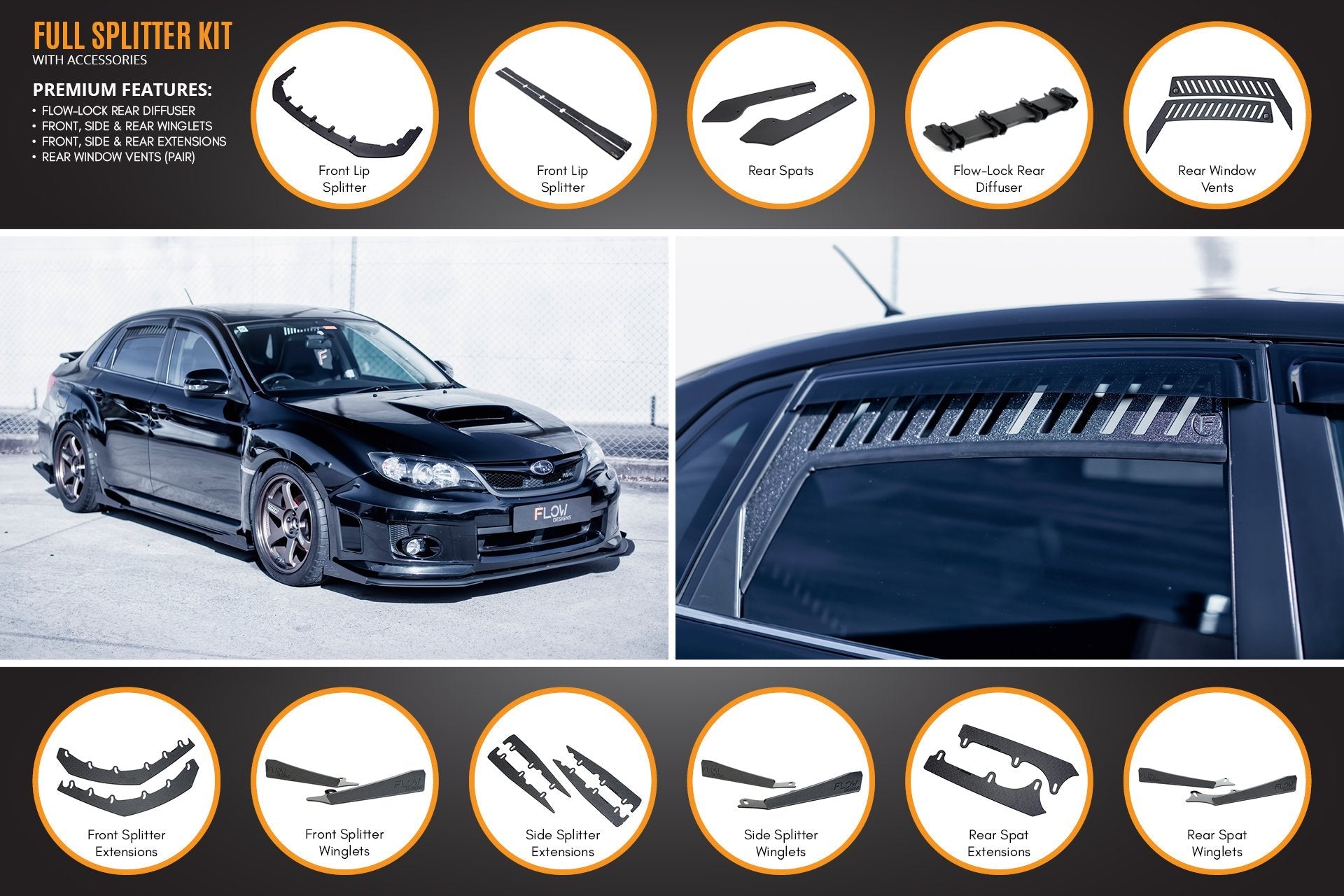 Flow Designs Impreza WRX / STI G3 Sedan FL Full Lip Splitter Set - iilumolab