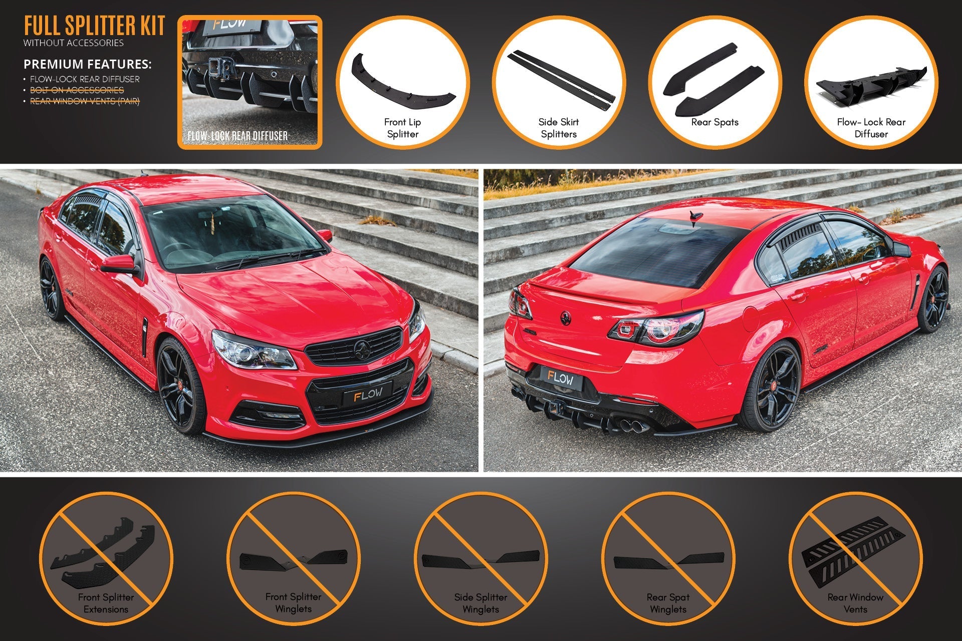 Flow Designs VF Commodore S1 Sedan Full Lip Splitter Set - iilumolab
