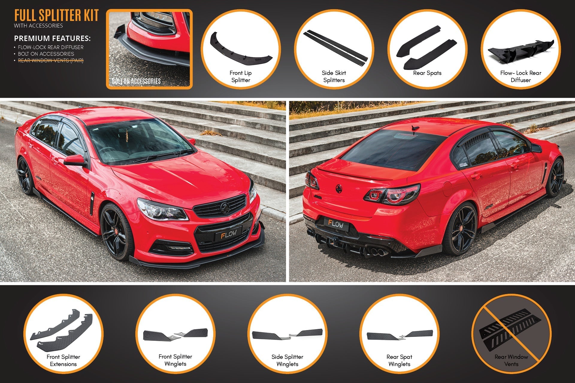 Flow Designs VF Commodore S1 Sedan Full Lip Splitter Set - iilumolab
