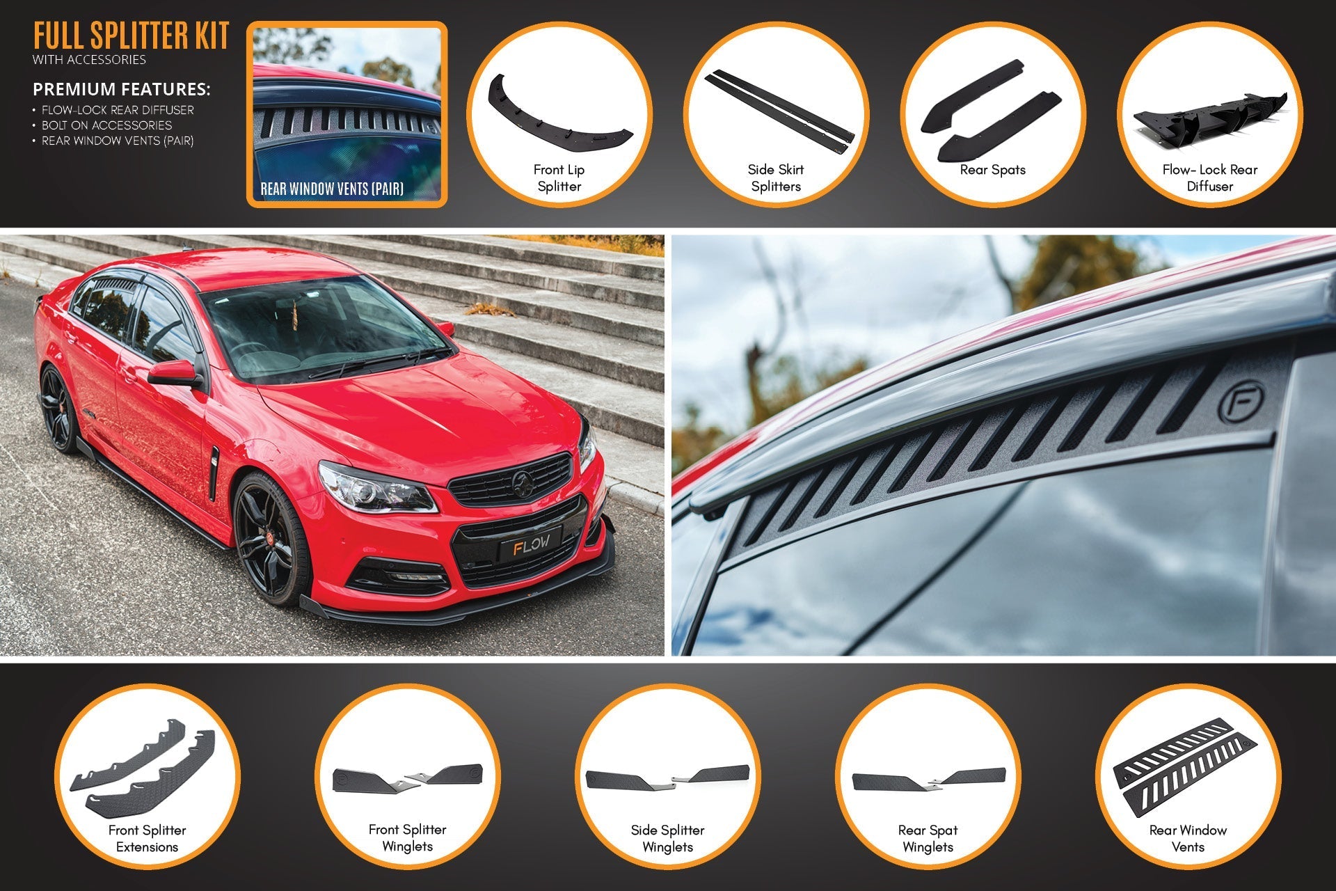 Flow Designs VF Commodore S1 Sedan Full Lip Splitter Set - iilumolab