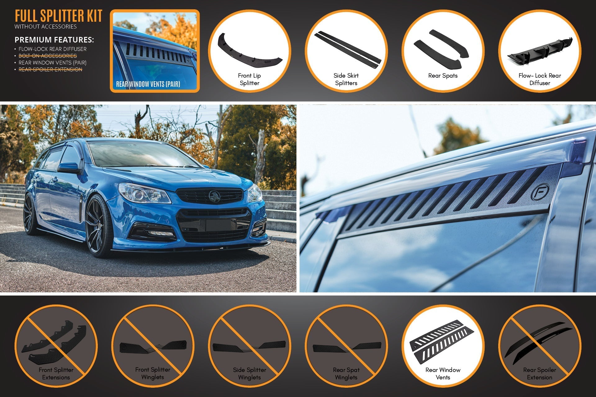 Flow Designs VF Commodore S1 Wagon Full Lip Splitter Set - iilumolab