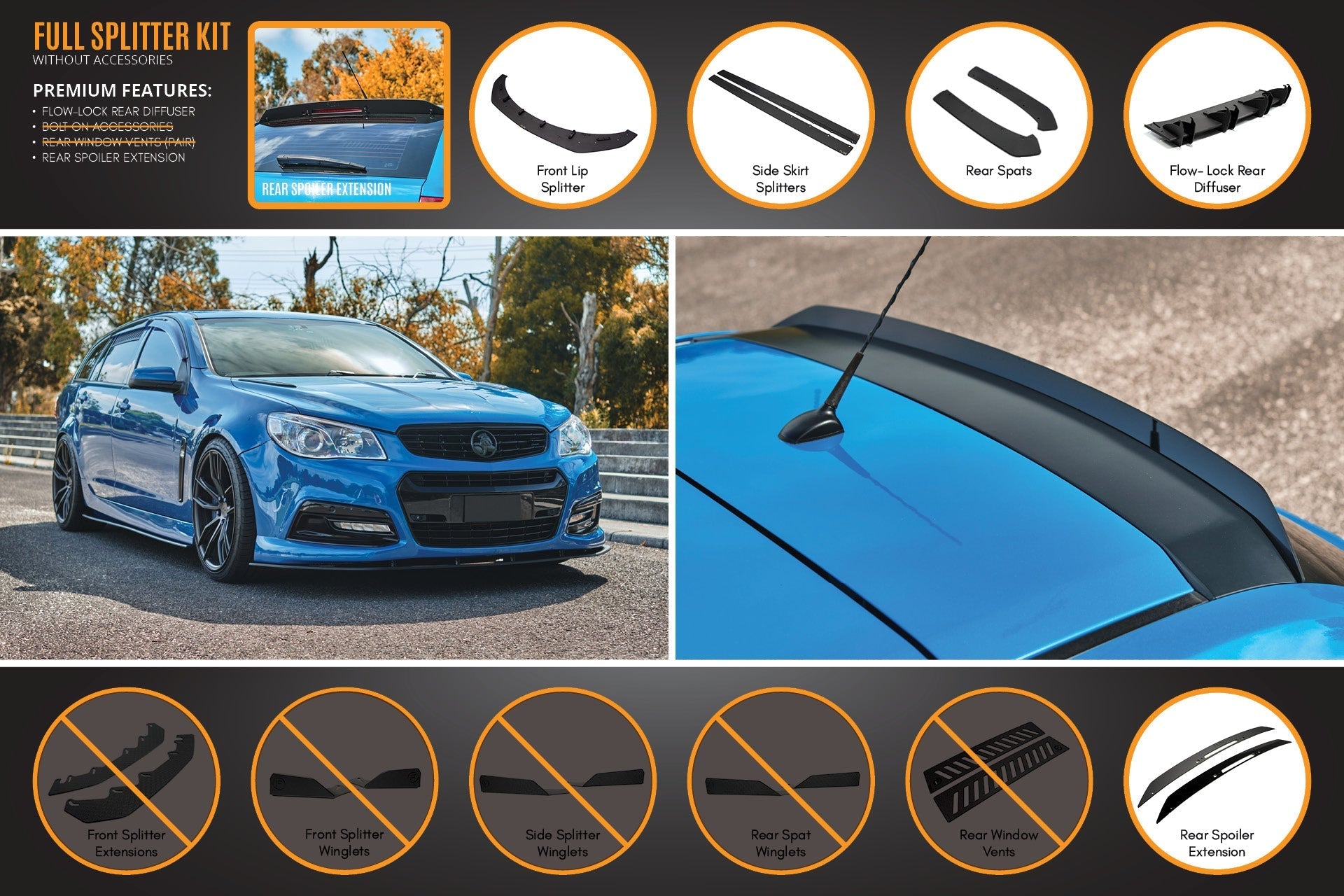 Flow Designs VF Commodore S1 Wagon Full Lip Splitter Set - iilumolab