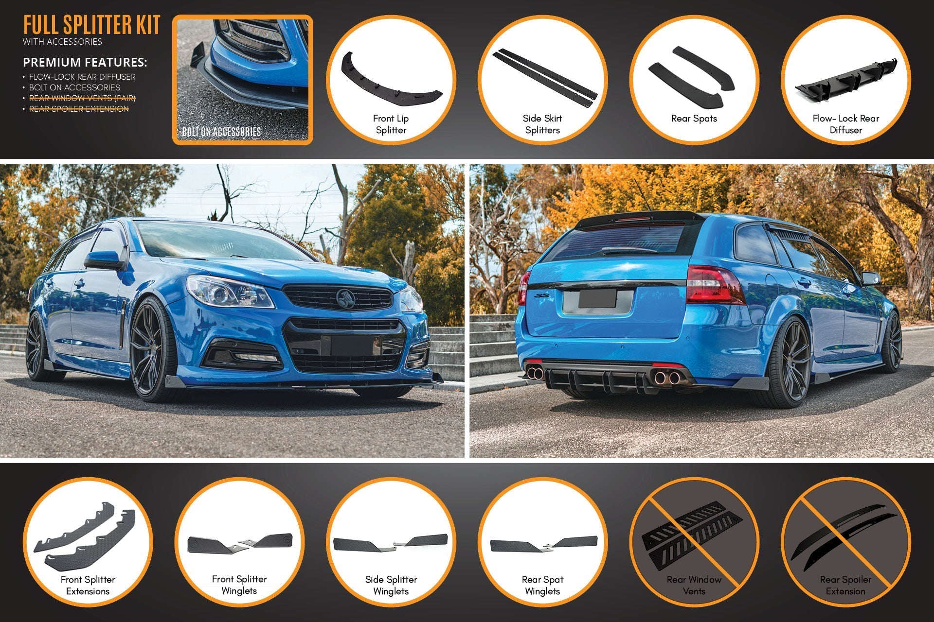 Flow Designs VF Commodore S1 Wagon Full Lip Splitter Set - iilumolab
