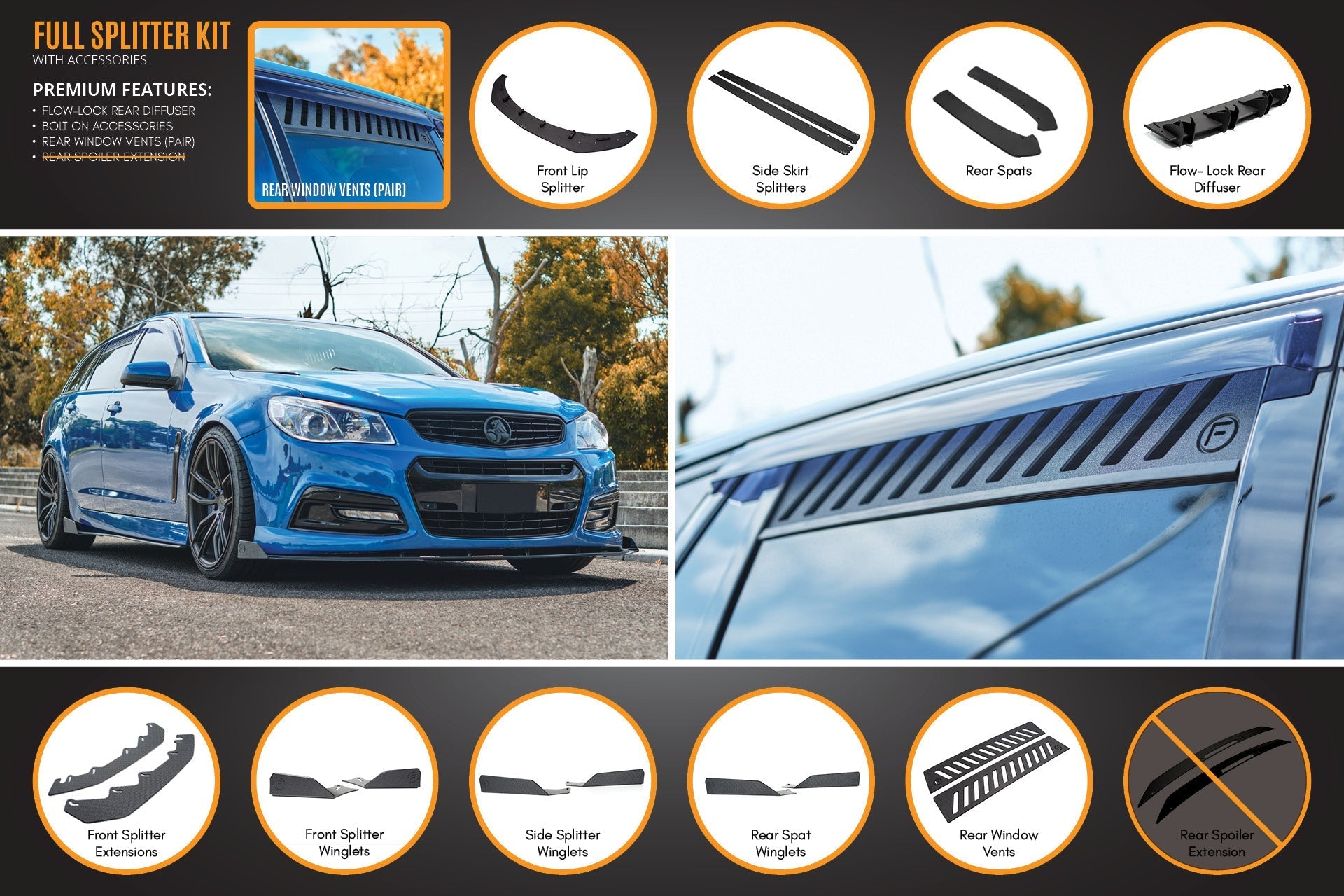 Flow Designs VF Commodore S1 Wagon Full Lip Splitter Set - iilumolab