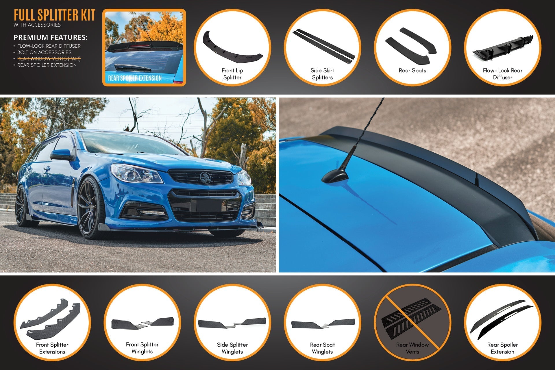 Flow Designs VF Commodore S1 Wagon Full Lip Splitter Set - iilumolab