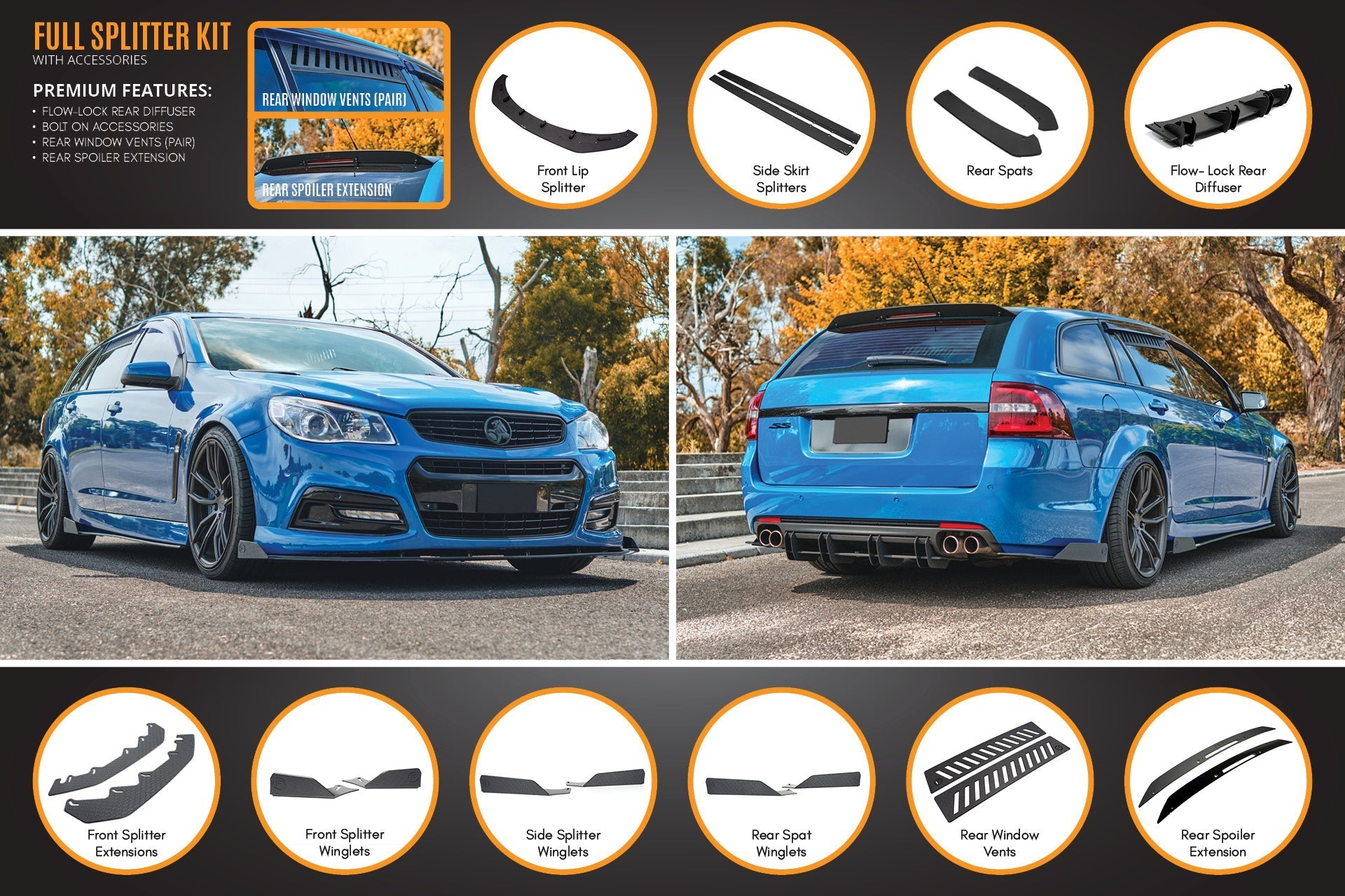 Flow Designs VF Commodore S1 Wagon Full Lip Splitter Set - iilumolab