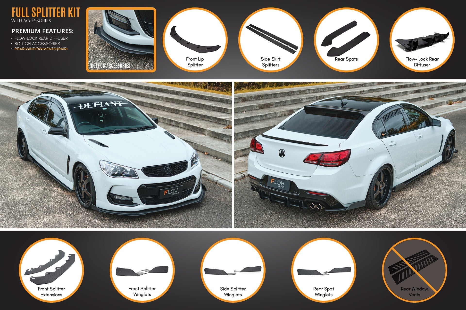 Flow Designs VF Commodore S2 Sedan Full Lip Splitter Set - iilumolab