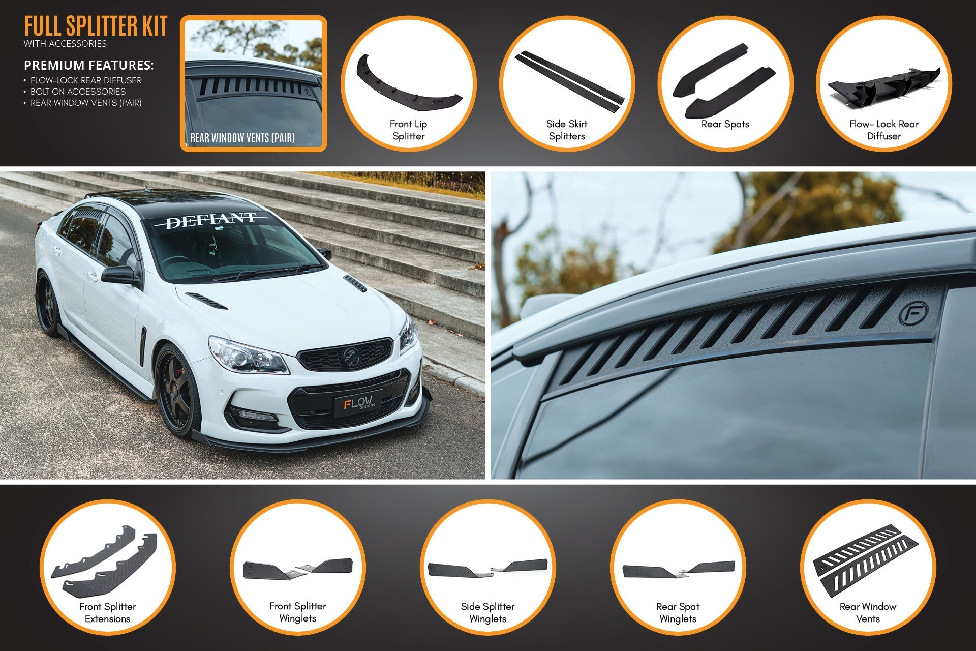 Flow Designs VF Commodore S2 Sedan Full Lip Splitter Set - iilumolab