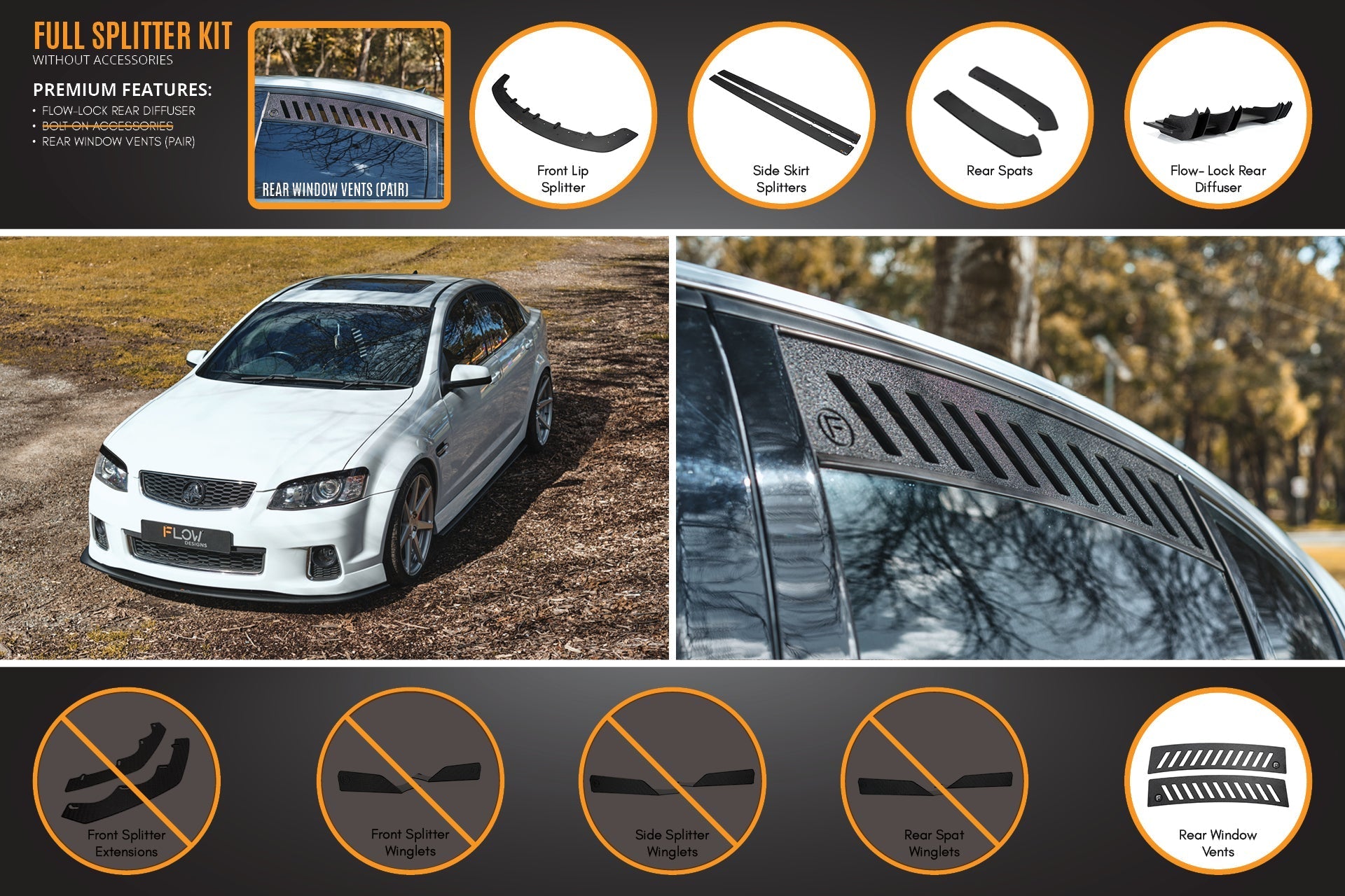 Flow Designs VE Commodore S2 Sedan Full Lip Splitter Set