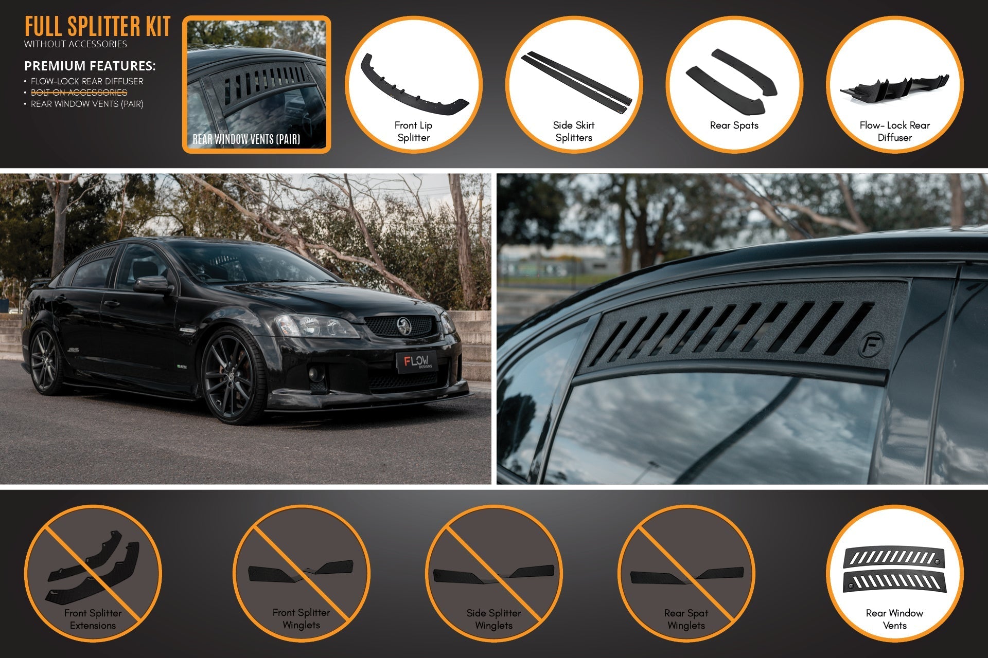 Flow Designs VE Commodore S1 Sedan Full Lip Splitter Set - iilumolab