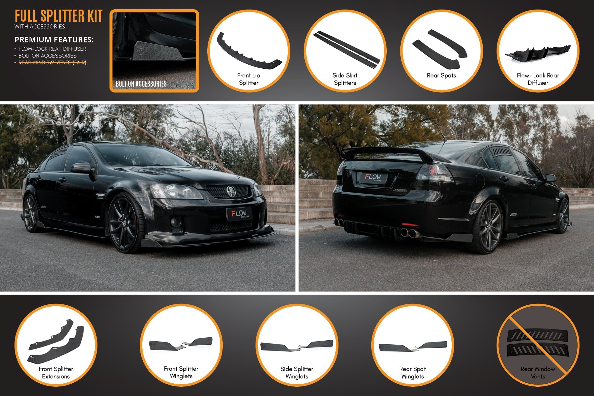 Flow Designs VE Commodore S1 Sedan Full Lip Splitter Set - iilumolab