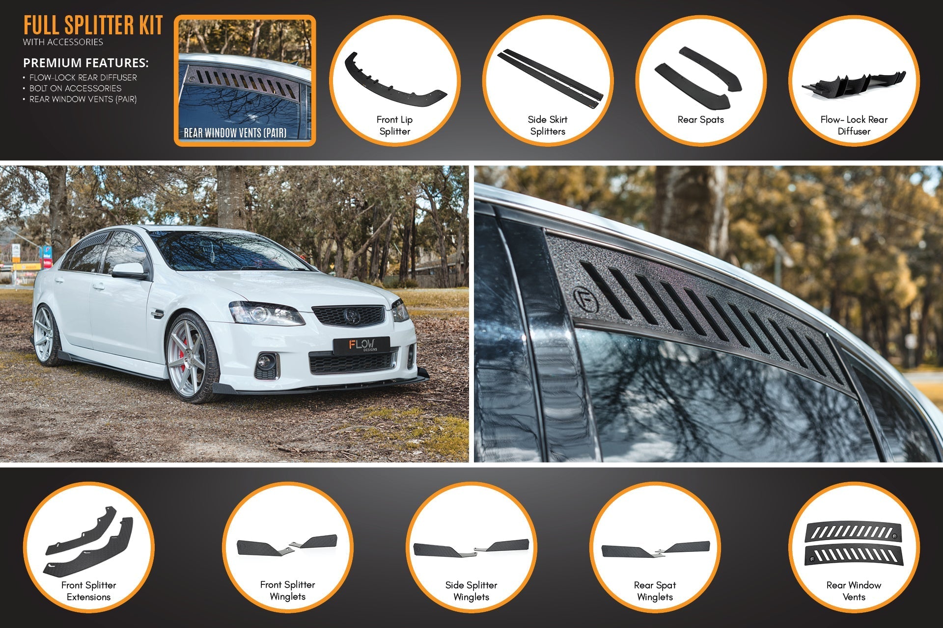 Flow Designs VE Commodore S2 Sedan Full Lip Splitter Set