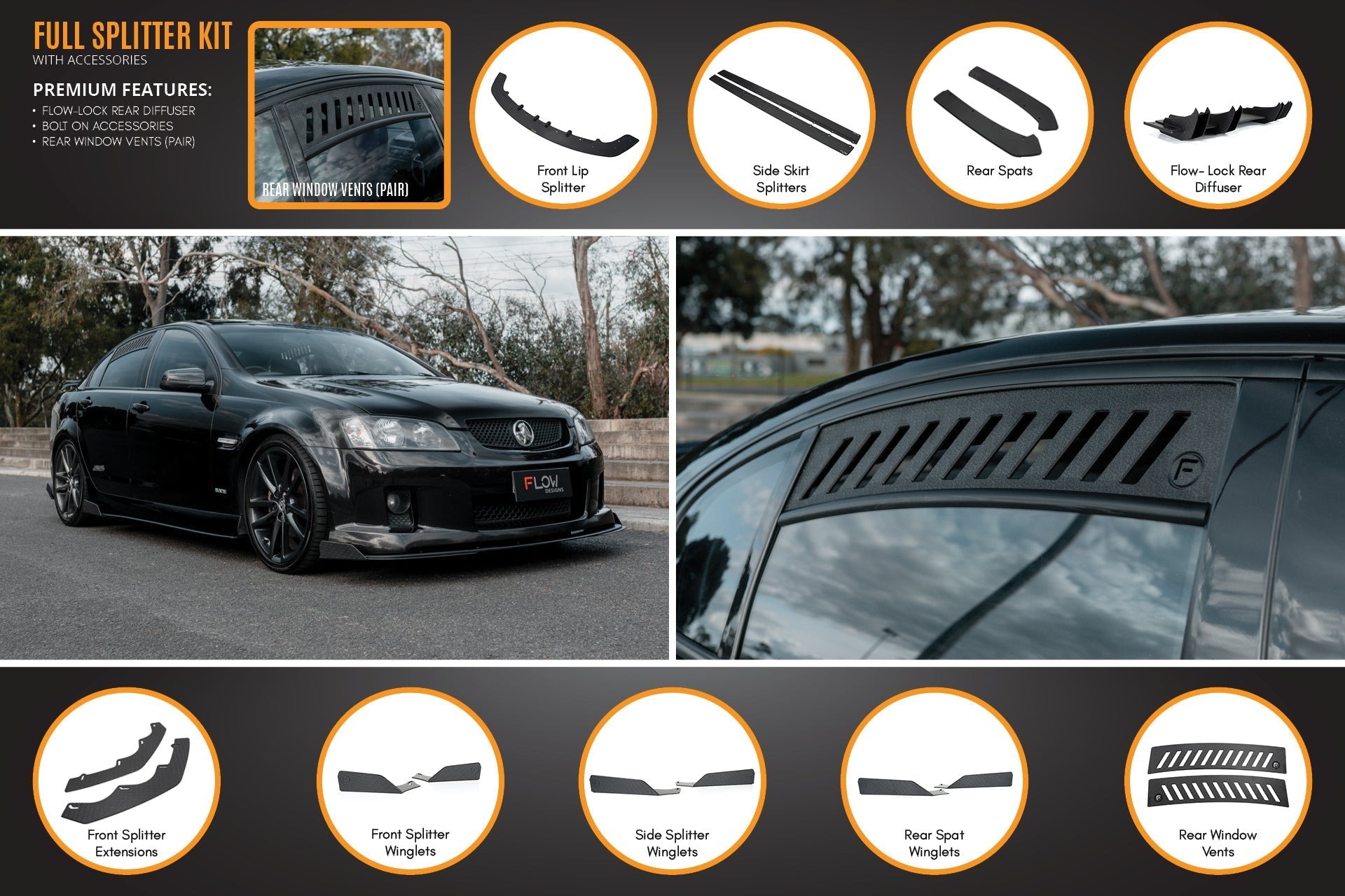 Flow Designs VE Commodore S1 Sedan Full Lip Splitter Set - iilumolab