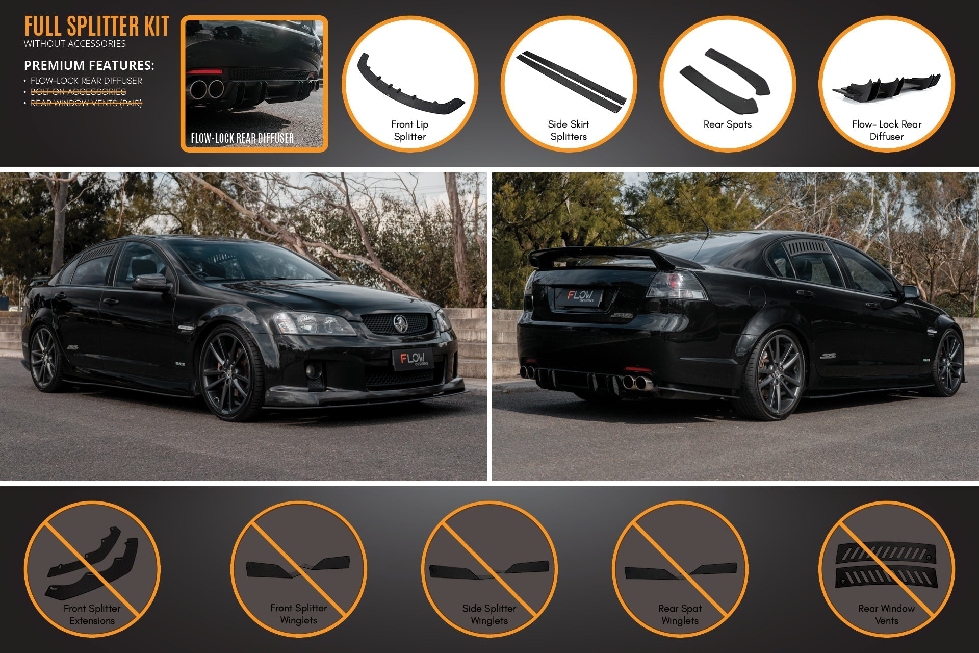 Flow Designs VE Commodore S1 Sedan Full Lip Splitter Set - iilumolab