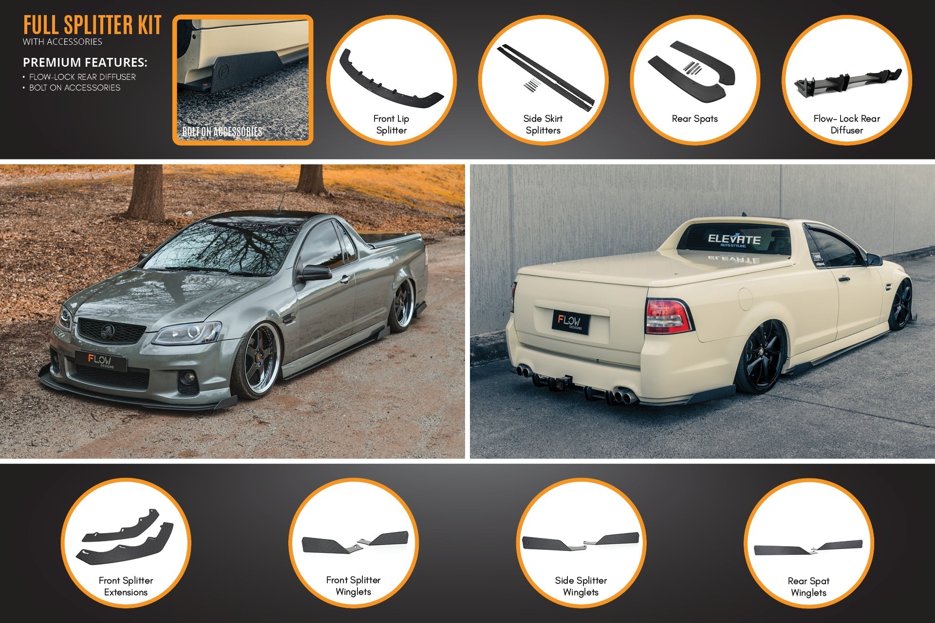 Flow Designs VE Commodore Ute Full Lip Splitter Set - iilumolab