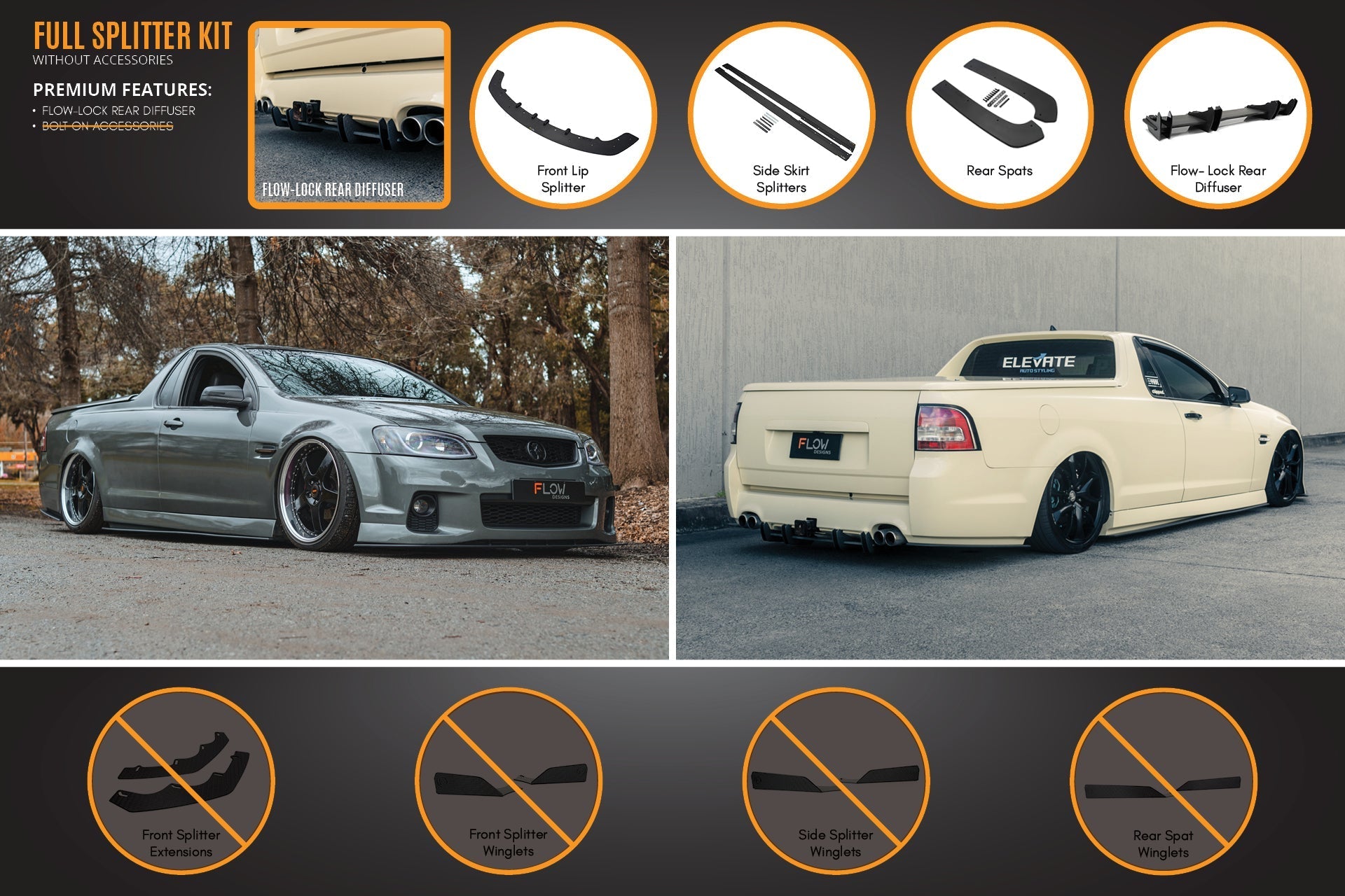Flow Designs VE Commodore Ute Full Lip Splitter Set - iilumolab