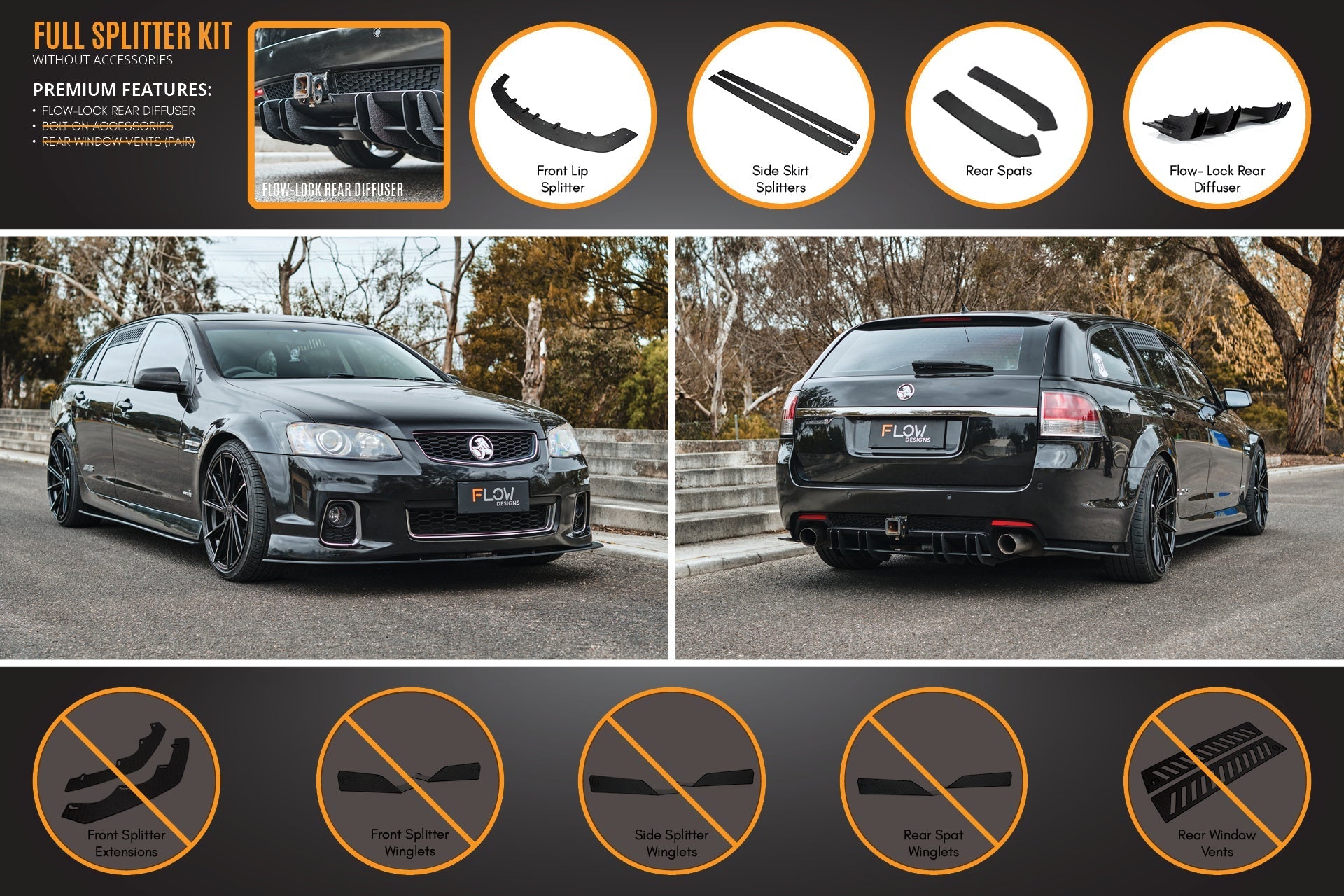 Flow Designs VE Commodore S2 Wagon Full Lip Splitter Set - iilumolab