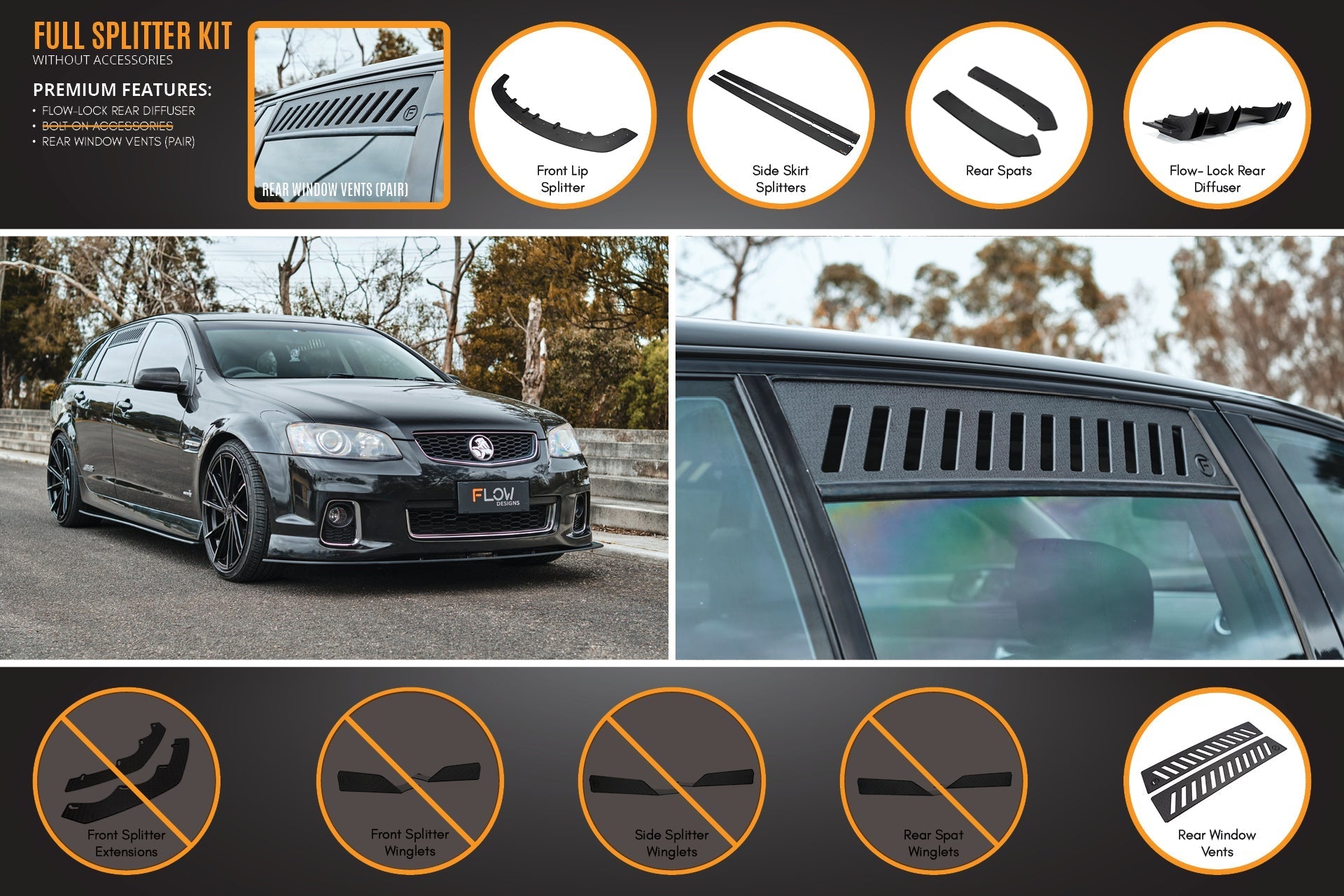 Flow Designs VE Commodore S2 Wagon Full Lip Splitter Set - iilumolab