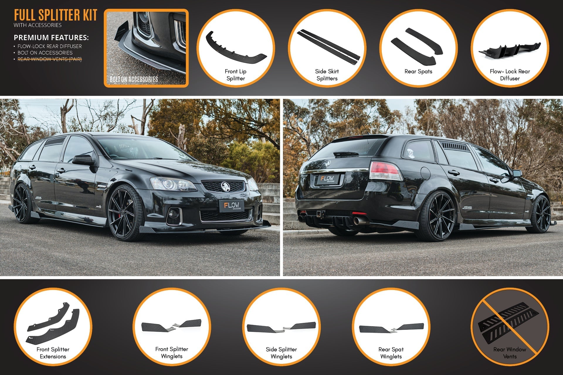 Flow Designs VE Commodore S2 Wagon Full Lip Splitter Set - iilumolab