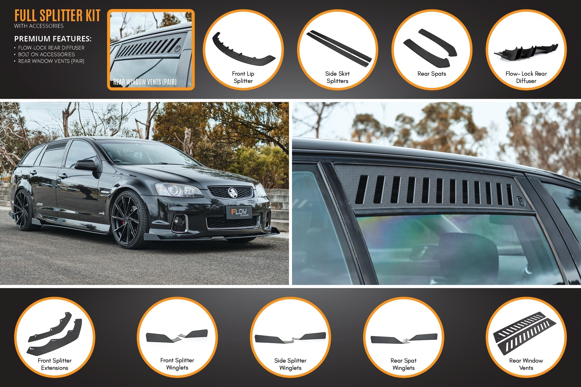 Flow Designs VE Commodore S2 Wagon Full Lip Splitter Set - iilumolab