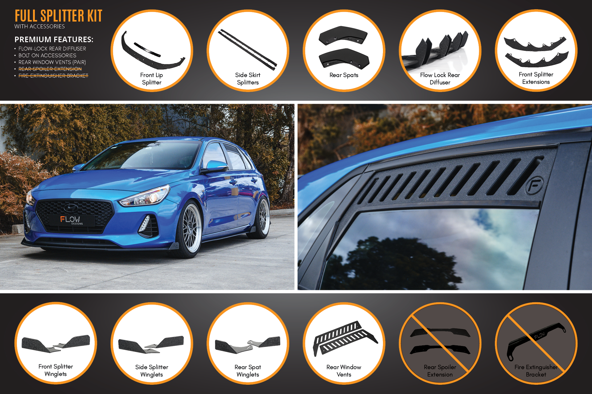 Flow Designs i30 SR Hatch (2017-2018) Full Lip Splitter Set