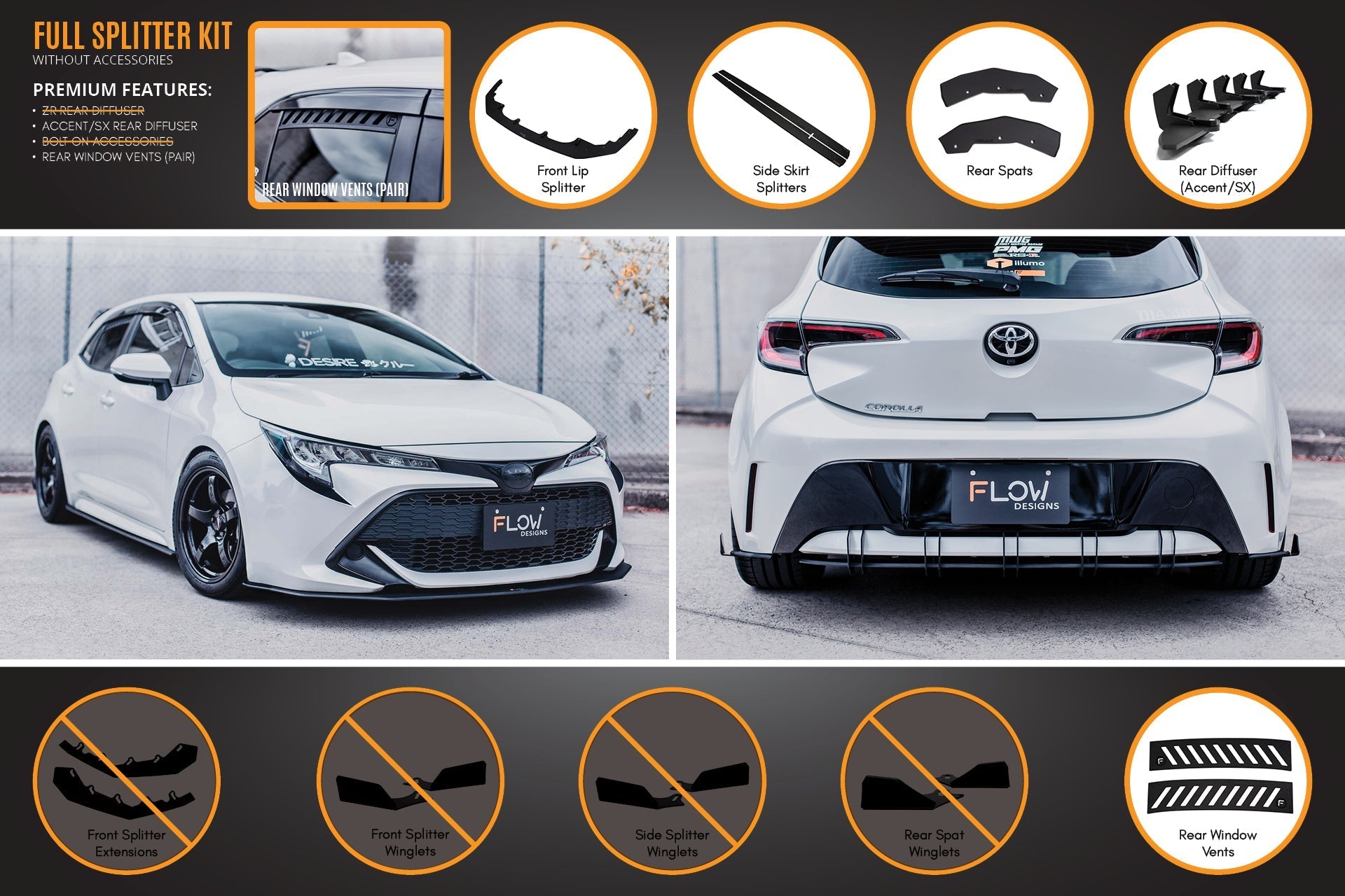 Flow Designs Corolla MZEA12R/ZWE211R 2018-2022 Full Lip Splitter Set - iilumolab