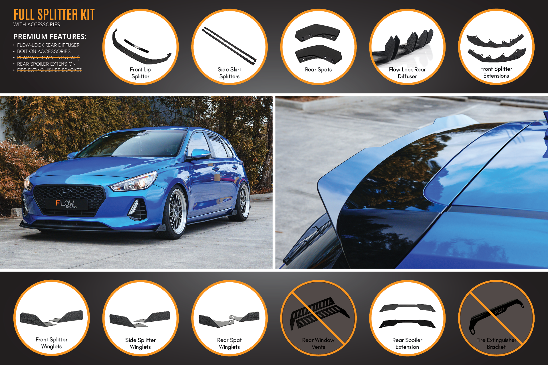 Flow Designs i30 SR Hatch (2017-2018) Full Lip Splitter Set