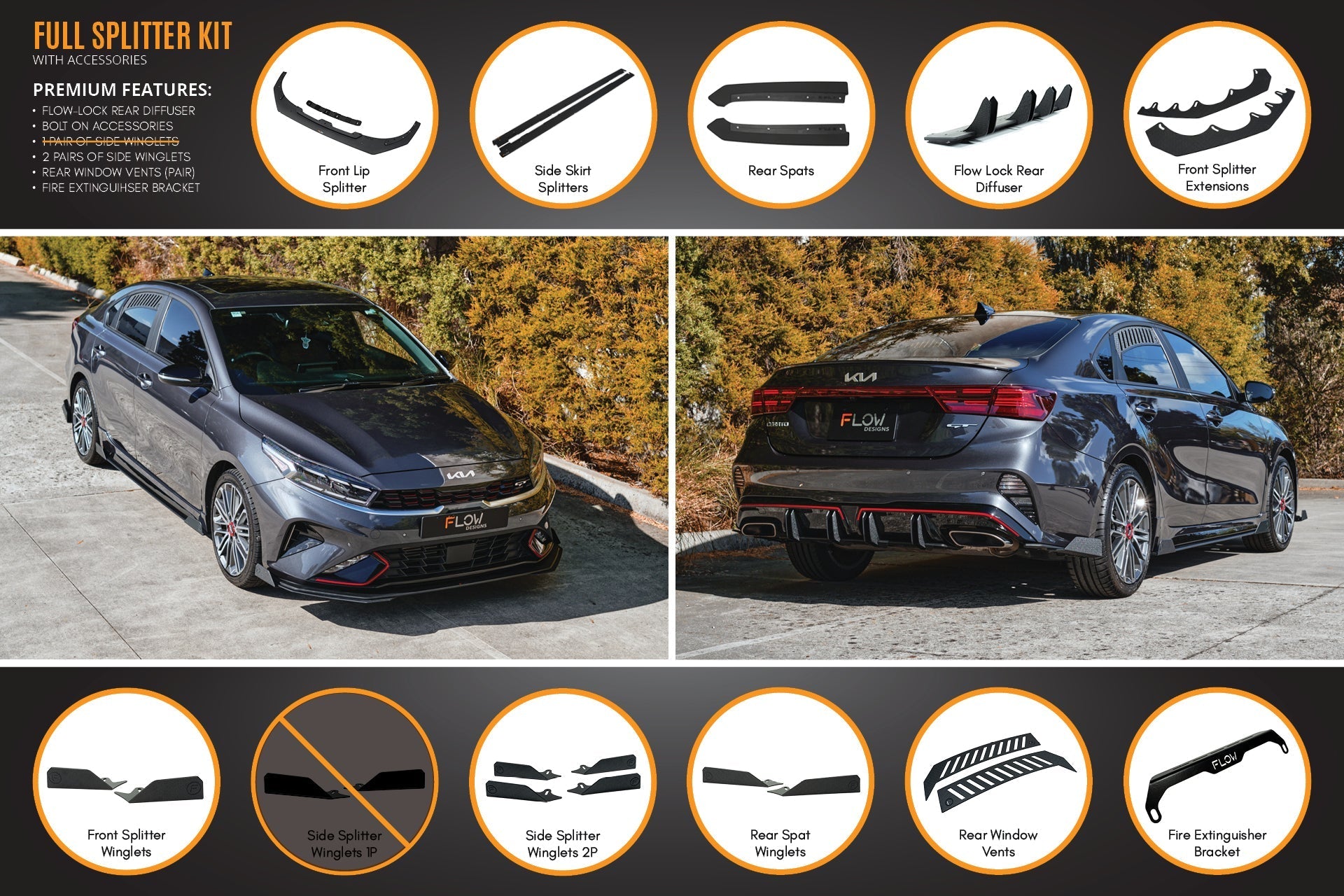 Flow Designs Cerato GT Sedan FL Full Lip Splitter Set - iilumolab