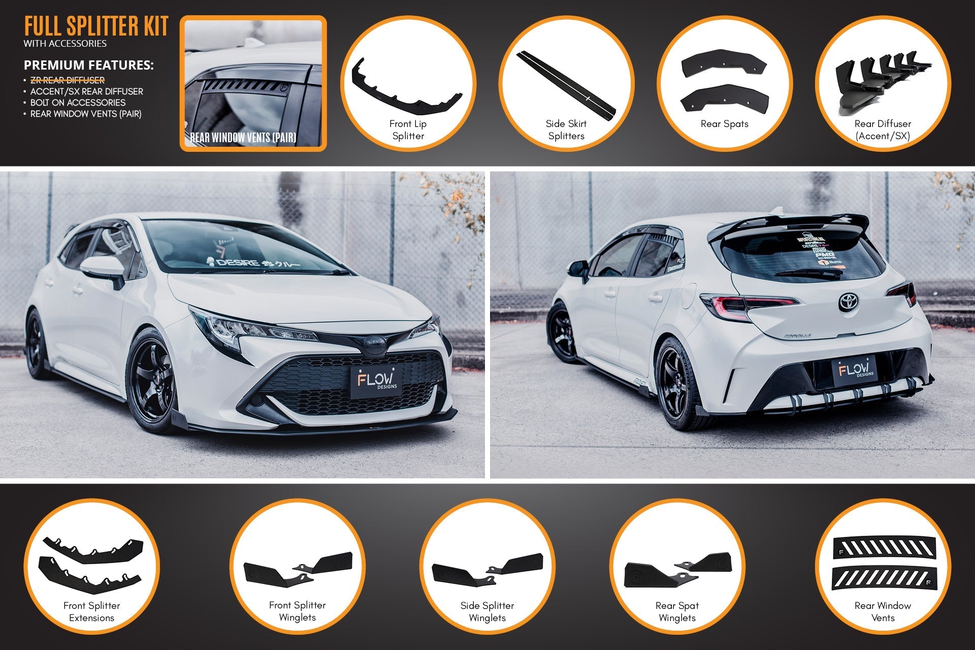 Flow Designs Corolla MZEA12R/ZWE211R 2018-2022 Full Lip Splitter Set - iilumolab