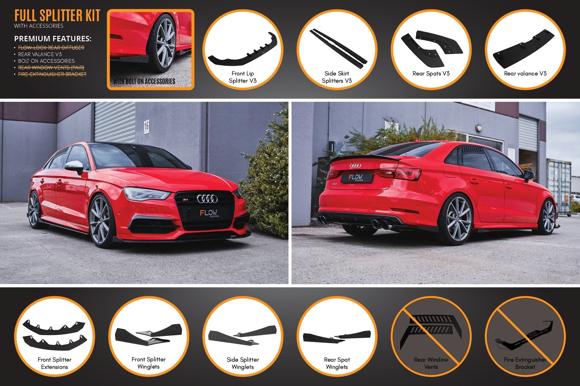 Flow Designs S3 8V Sedan Pre-Facelift V3 Full Lip Splitter Set - iilumolab