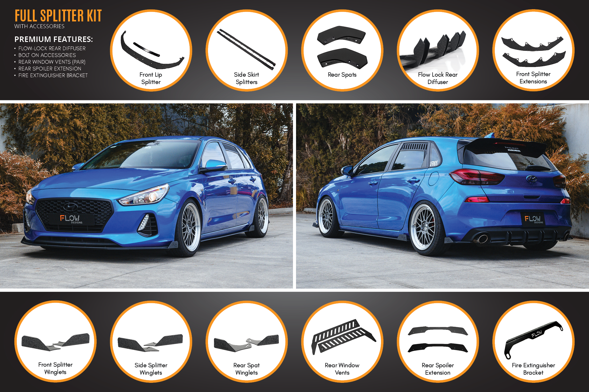 Flow Designs i30 SR Hatch (2017-2018) Full Lip Splitter Set