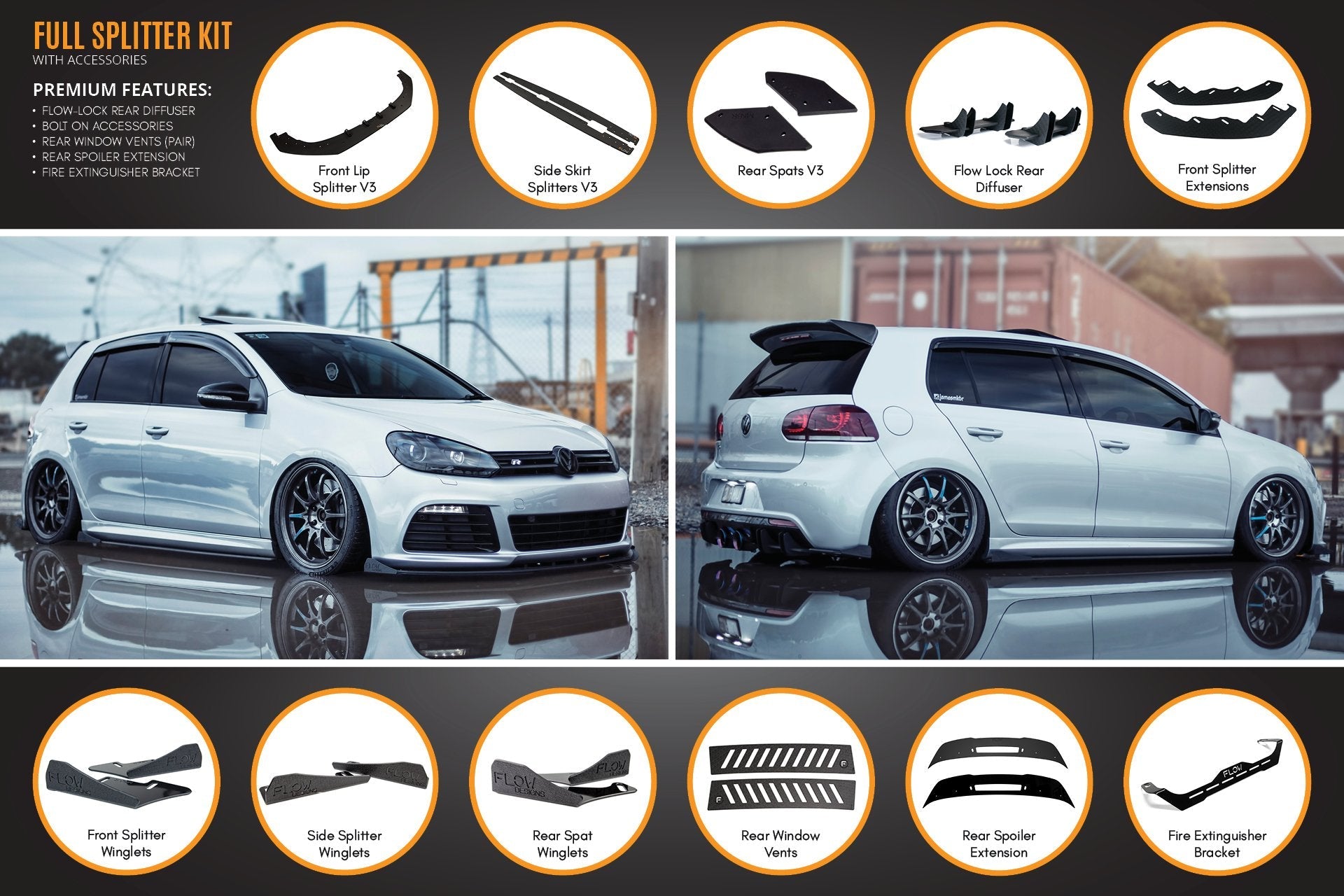 Flow Designs MK6 Golf R Full Lip Splitter Set - iilumolab