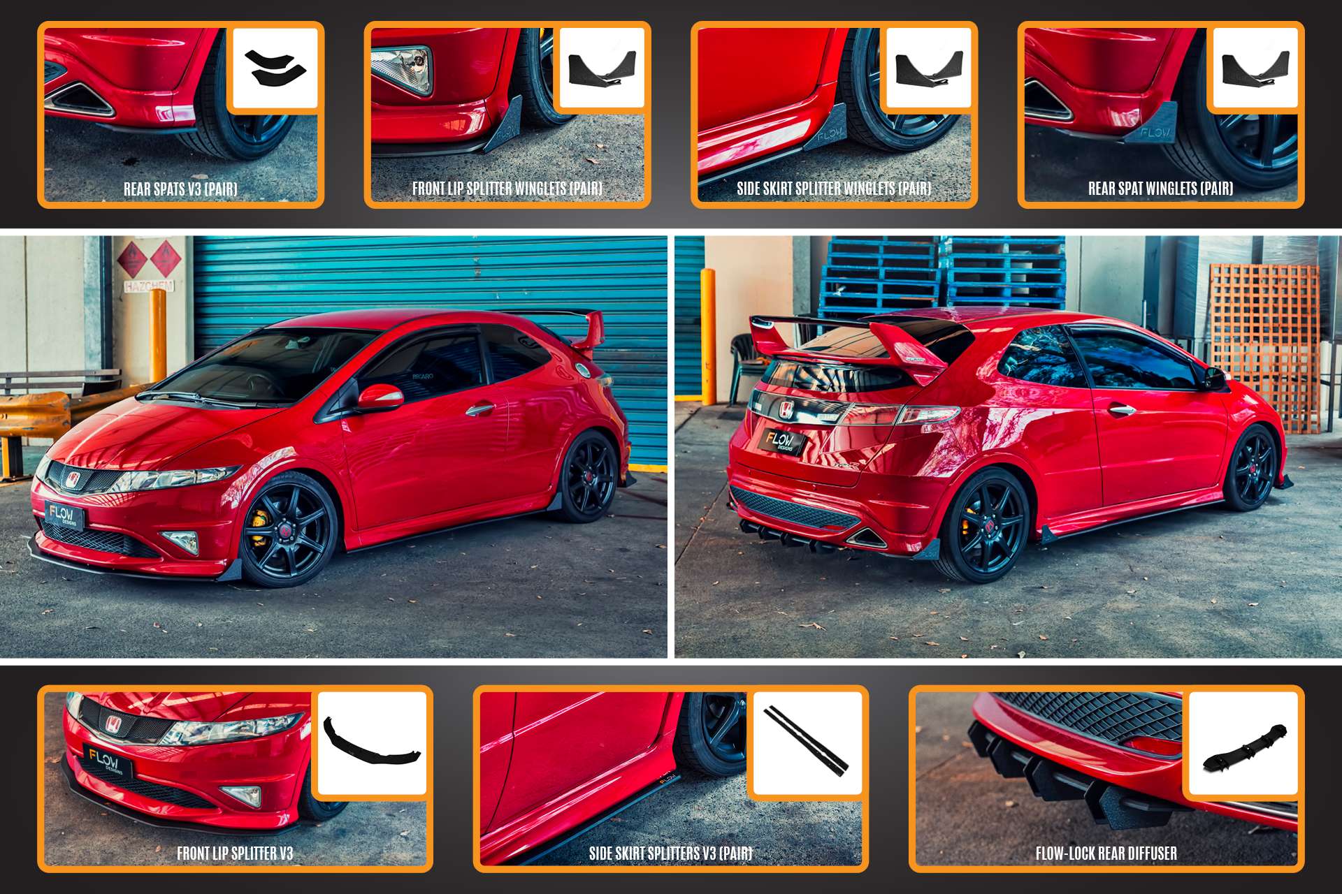 Flow Designs FN2 Civic Type R Full Lip Splitter Set - iilumolab