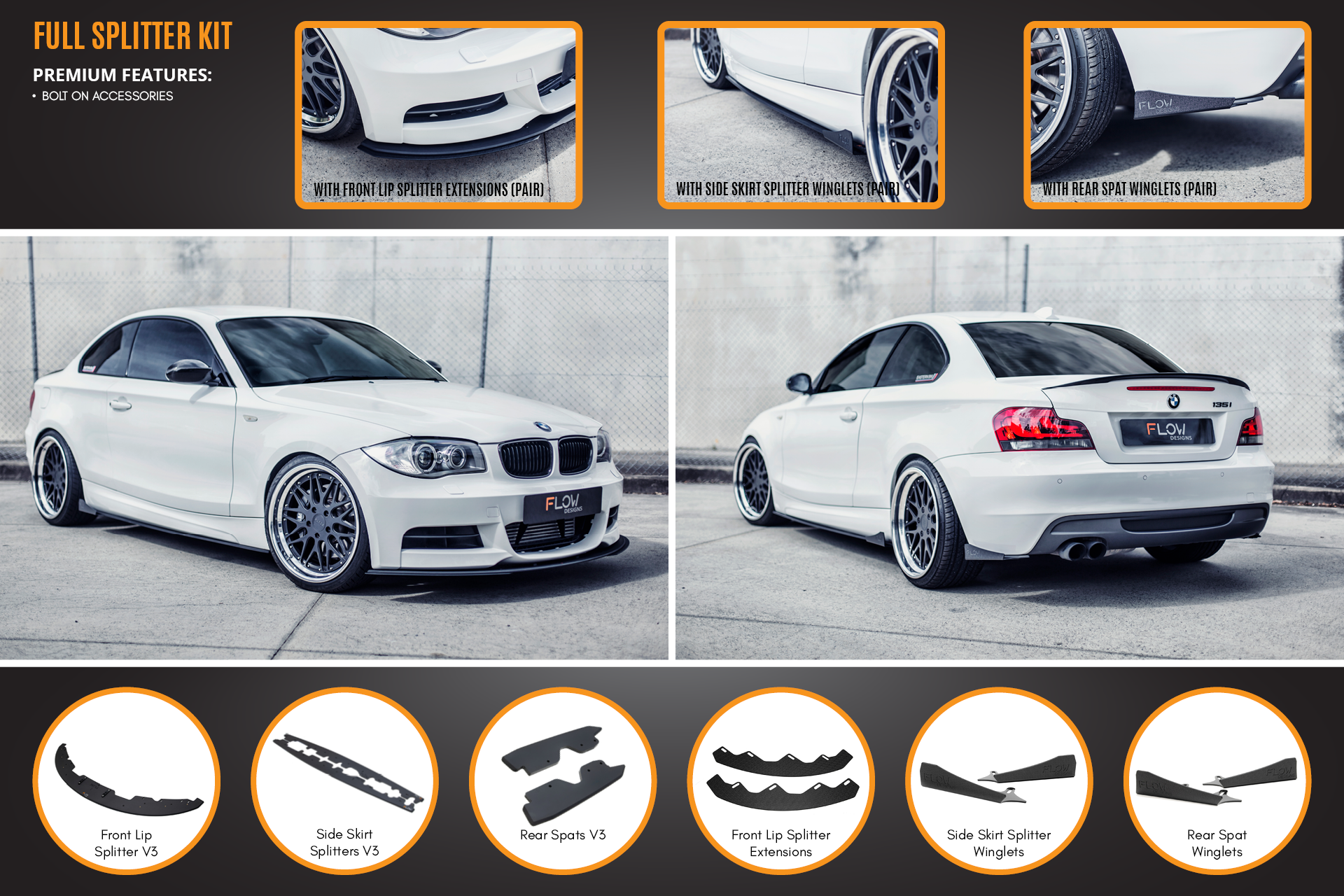 Flow Designs E82 M Sport Full Lip Splitter Set - iilumolab