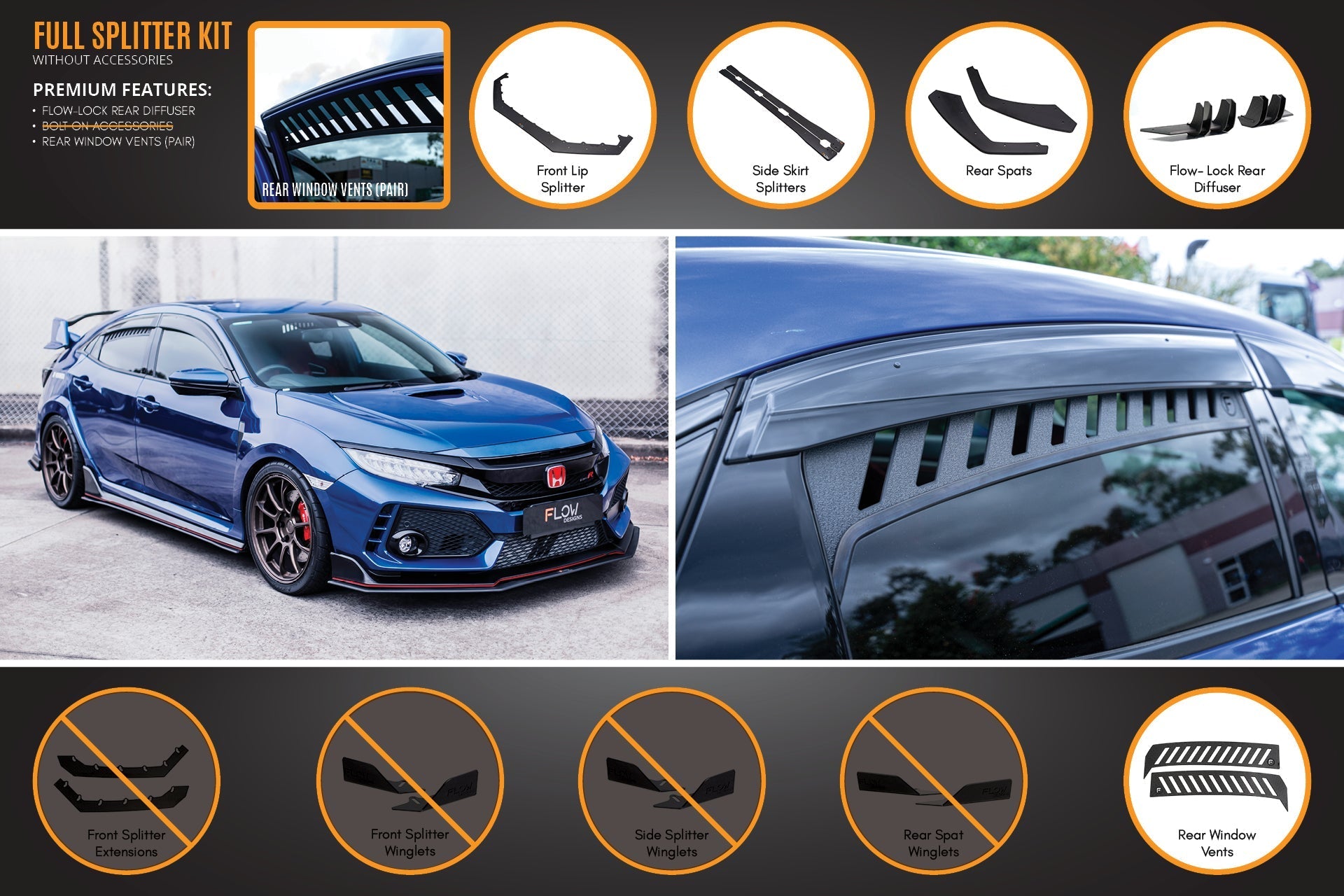 Flow Designs FK8 Civic Type R Full Lip Splitter Set - iilumolab