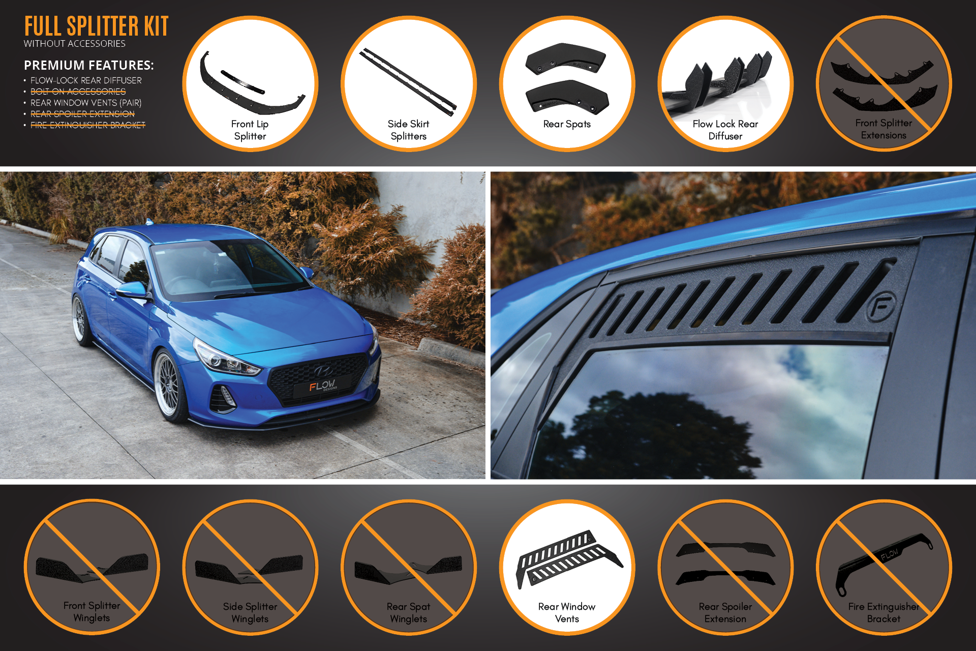Flow Designs i30 SR Hatch (2017-2018) Full Lip Splitter Set