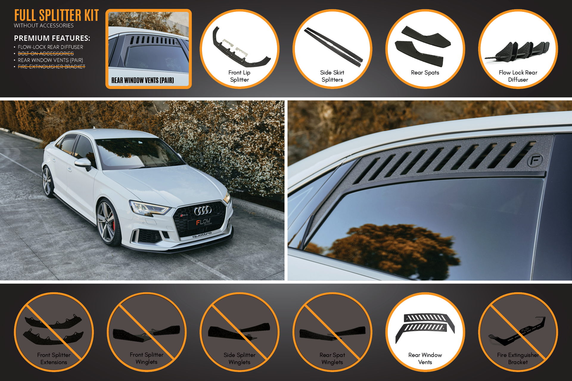 Flow Designs RS3 8V Sedan Facelift Full Lip Splitter Set - iilumolab