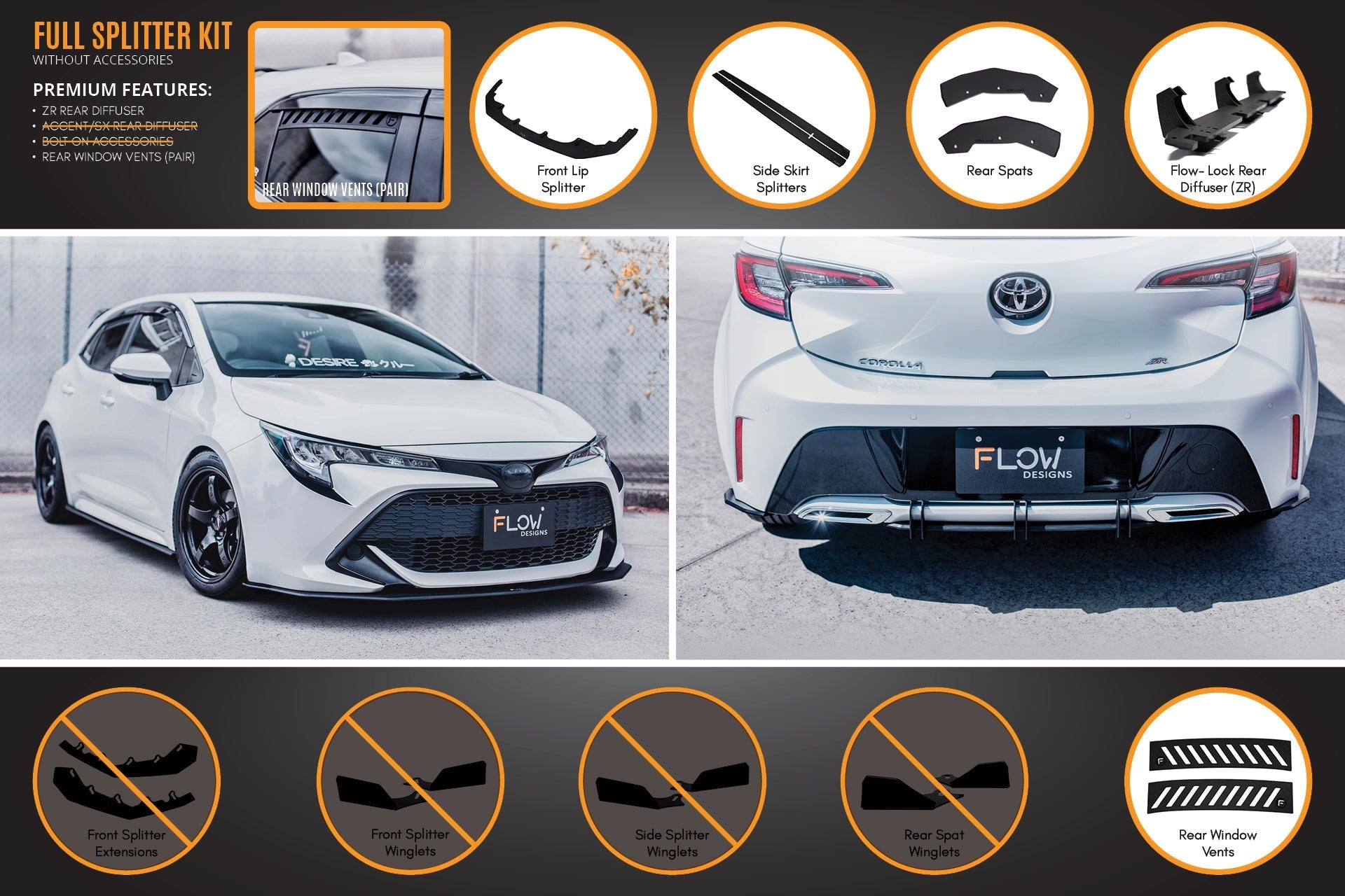 Flow Designs Corolla MZEA12R/ZWE211R 2018-2022 Full Lip Splitter Set - iilumolab