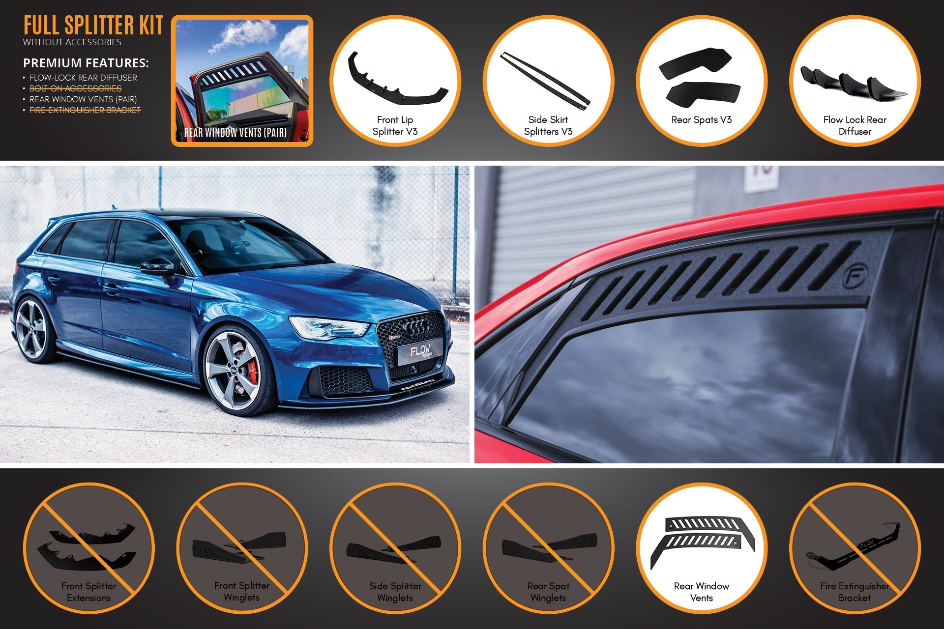 Flow Designs RS3 8V Sportback (Pre-Facelift) Full Lip Splitter Set - iilumolab