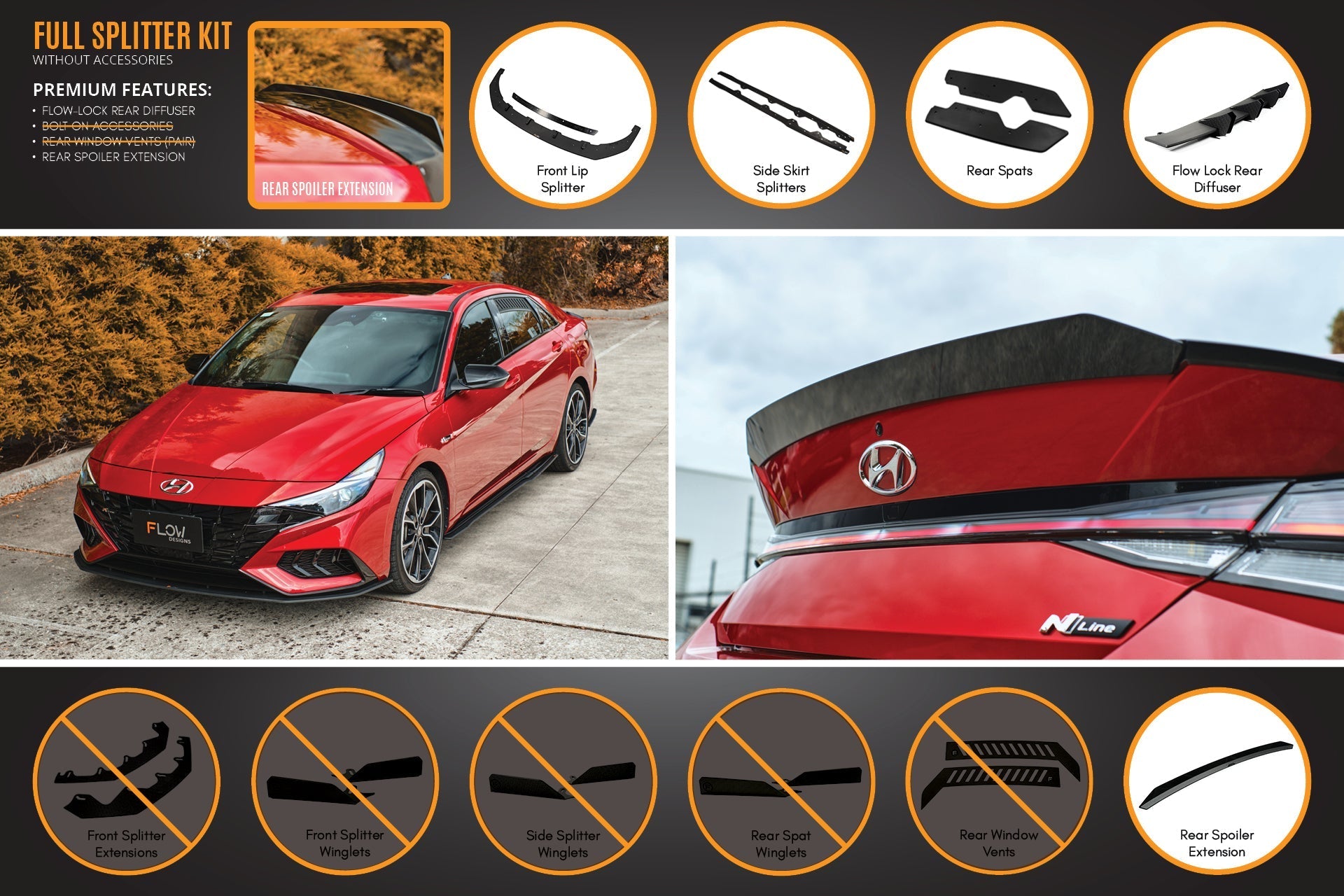 Flow Designs CN7 i30 N Line Sedan 2020 - 2022 Full Lip Splitter Set - iilumolab